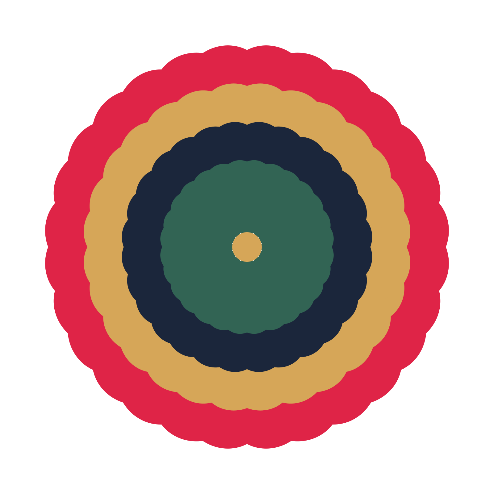 A layered heart rosette with 14-fold radial symmetry and 4 alternating rings of petals.