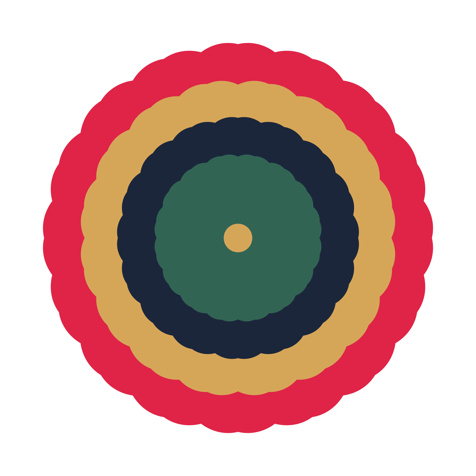 A layered heart rosette with 16-fold radial symmetry and 4 alternating rings of petals.