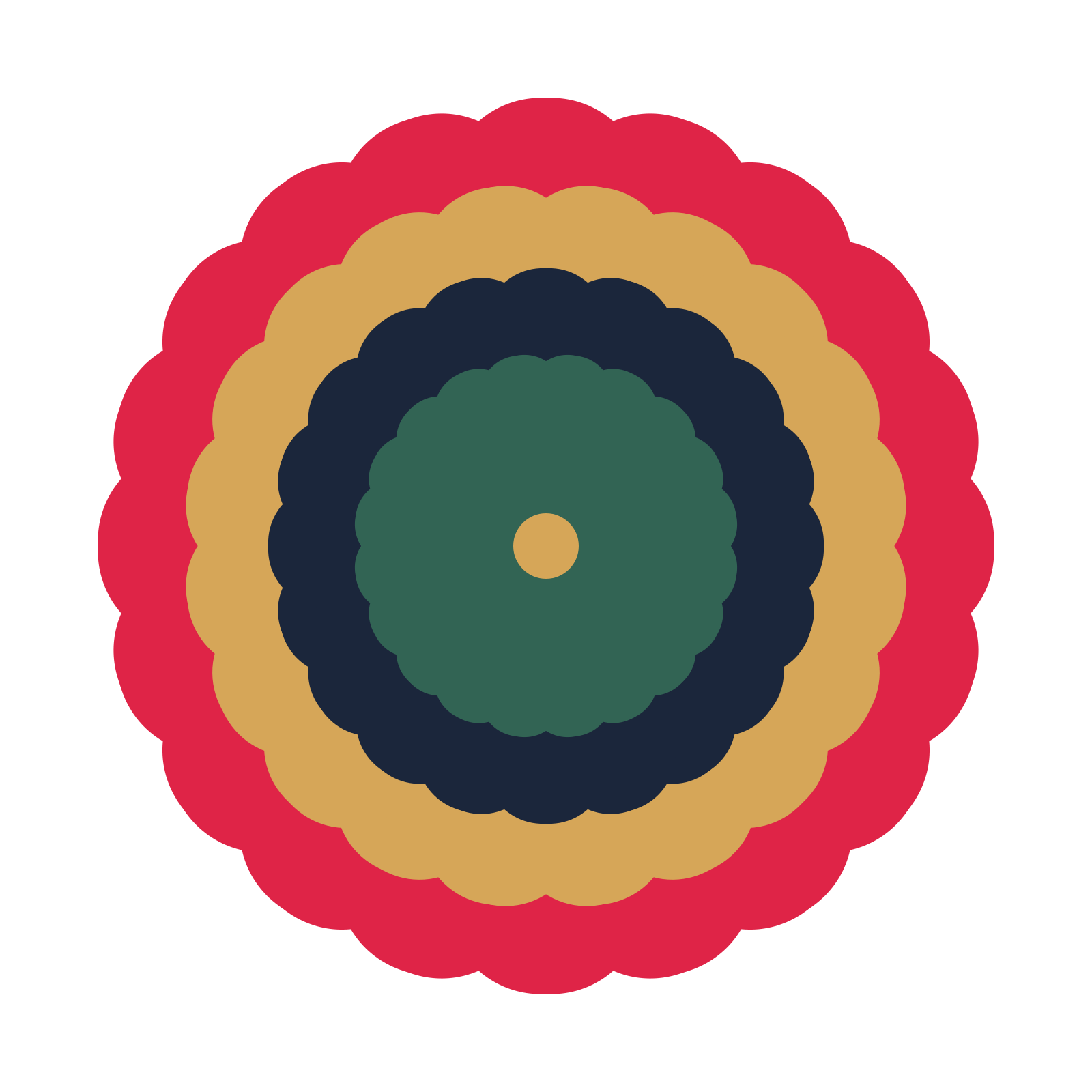 A layered heart rosette with 20-fold radial symmetry and 4 alternating rings of petals.