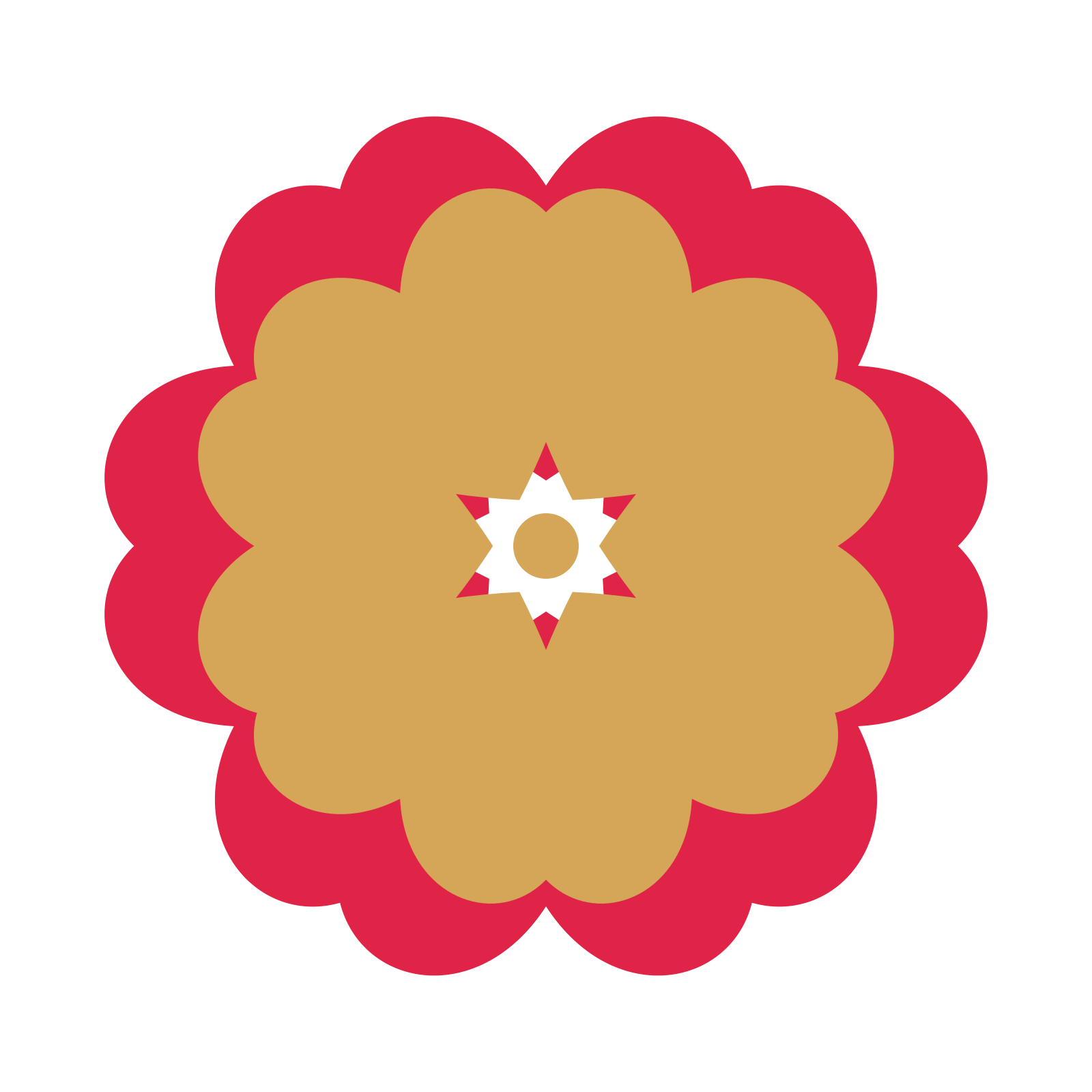 A layered heart rosette with 6-fold radial symmetry and 2 alternating rings of petals.