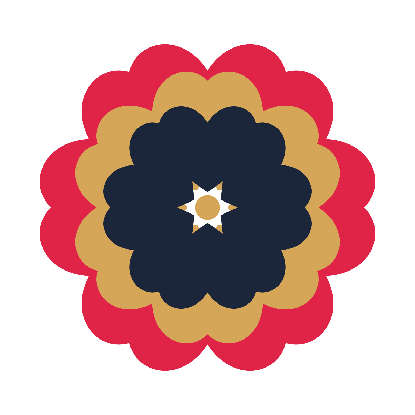 A layered heart rosette with 6-fold radial symmetry and 3 alternating rings of petals.