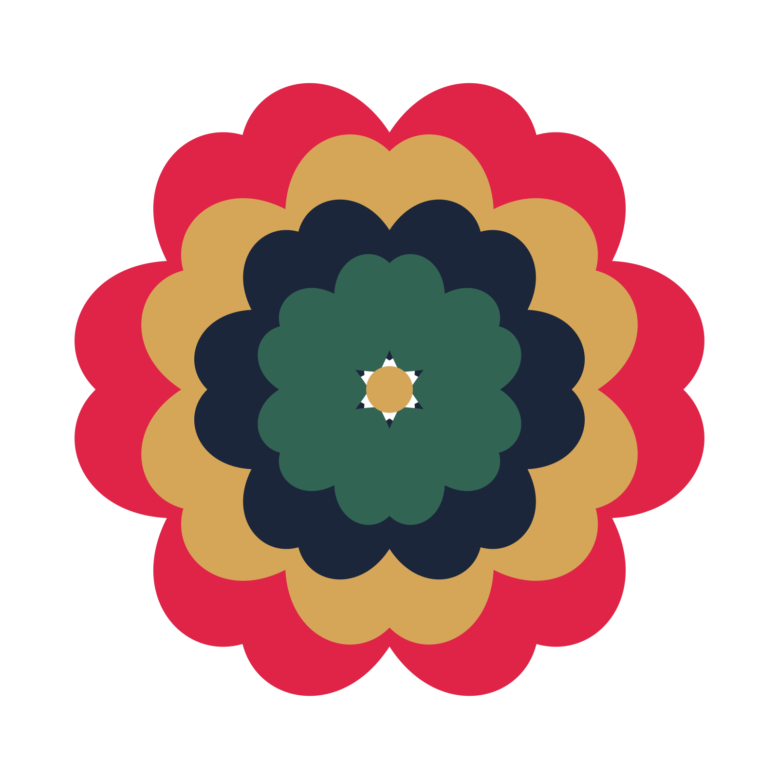 A layered heart rosette with 6-fold radial symmetry and 4 alternating rings of petals.