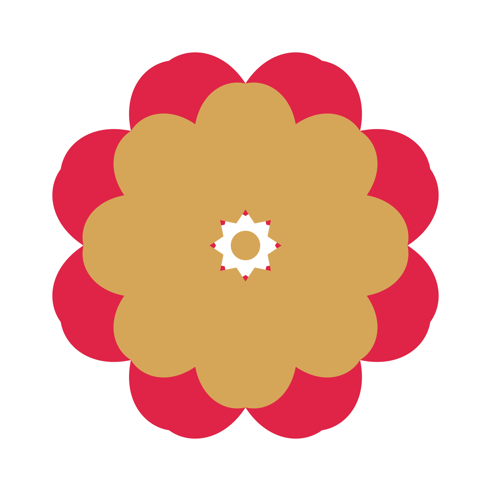 A layered heart rosette with 8-fold radial symmetry and 2 alternating rings of petals.