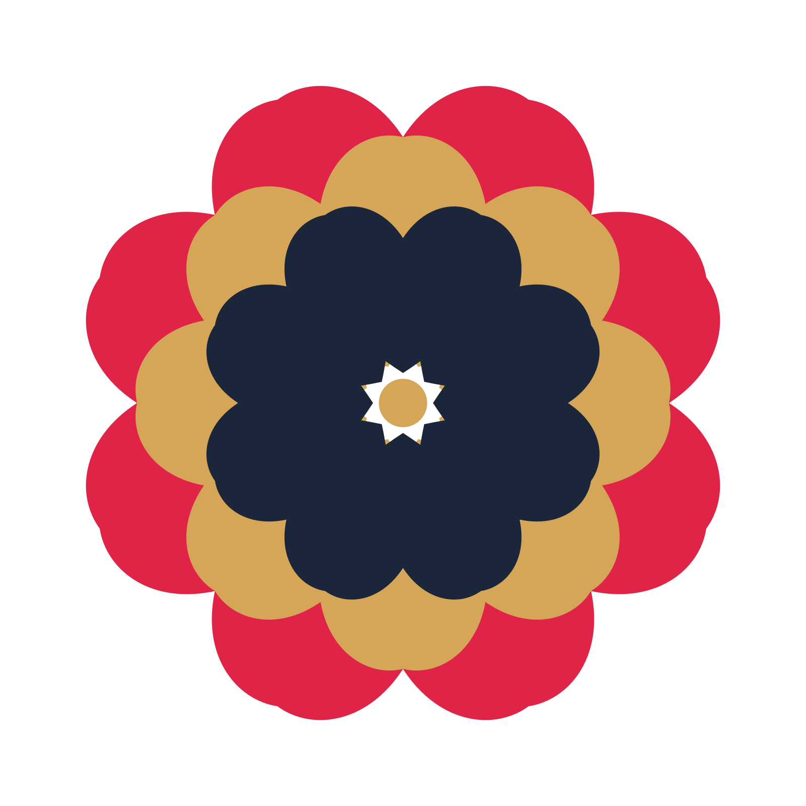 A layered heart rosette with 8-fold radial symmetry and 3 alternating rings of petals.