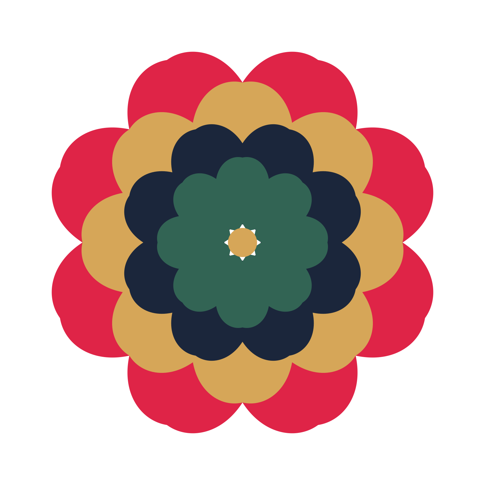 A layered heart rosette with 8-fold radial symmetry and 4 alternating rings of petals.