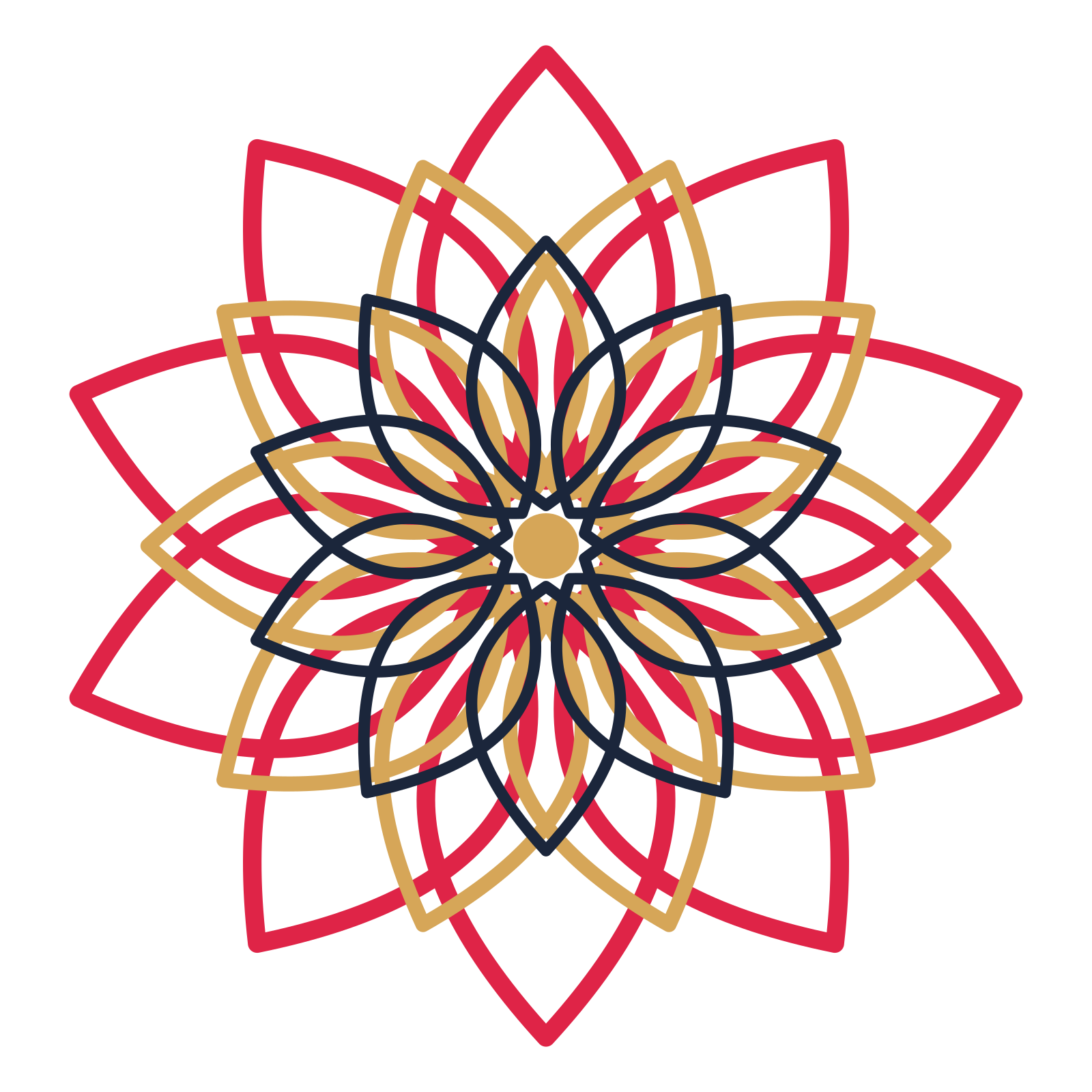 A layered lily rosette with 10-fold radial symmetry and 3 alternating rings of petals.
