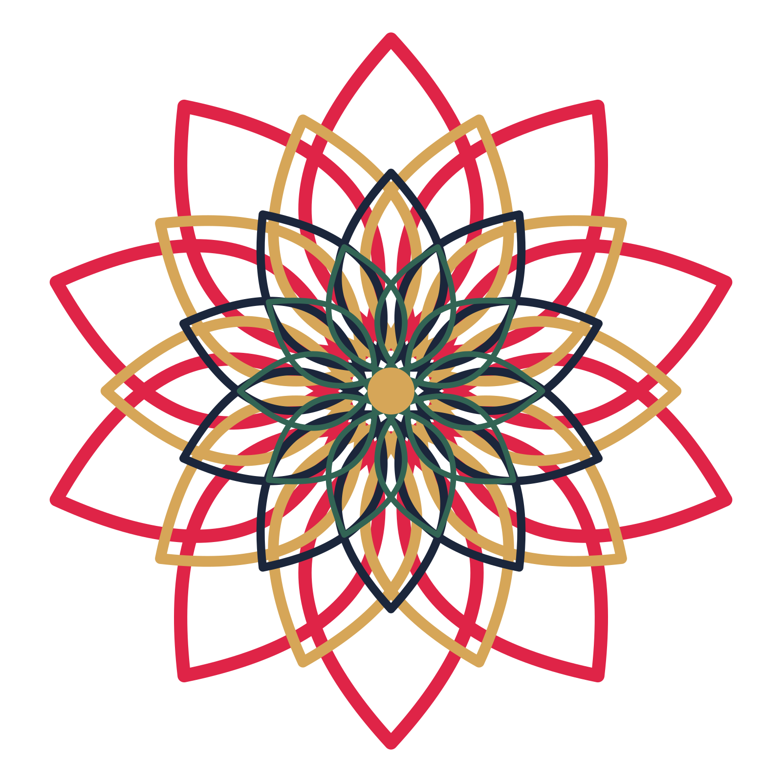 A layered lily rosette with 10-fold radial symmetry and 4 alternating rings of petals.
