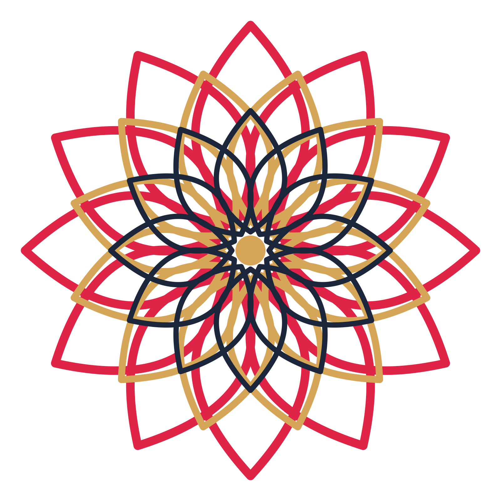 A layered lily rosette with 12-fold radial symmetry and 3 alternating rings of petals.