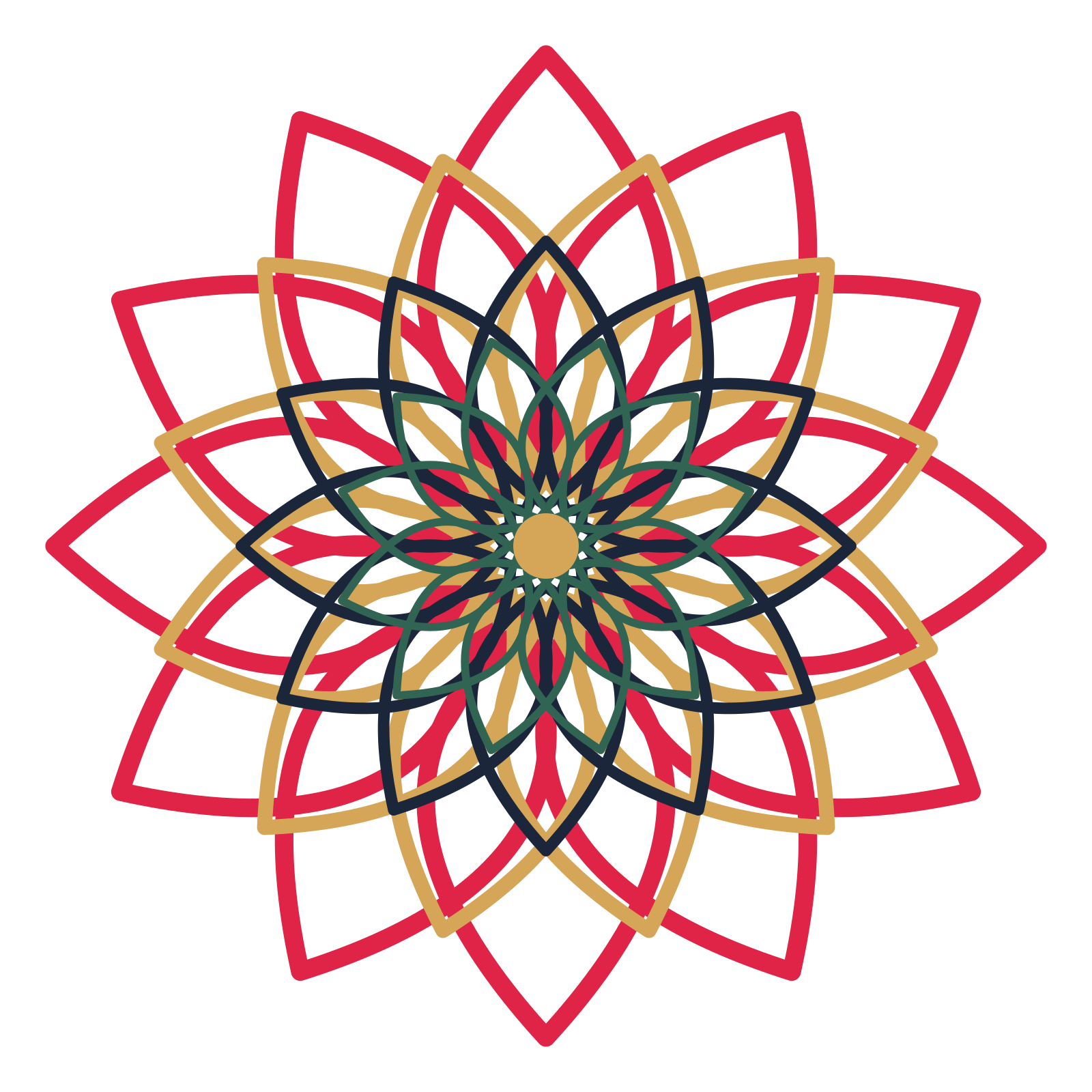 A layered lily rosette with 12-fold radial symmetry and 4 alternating rings of petals.
