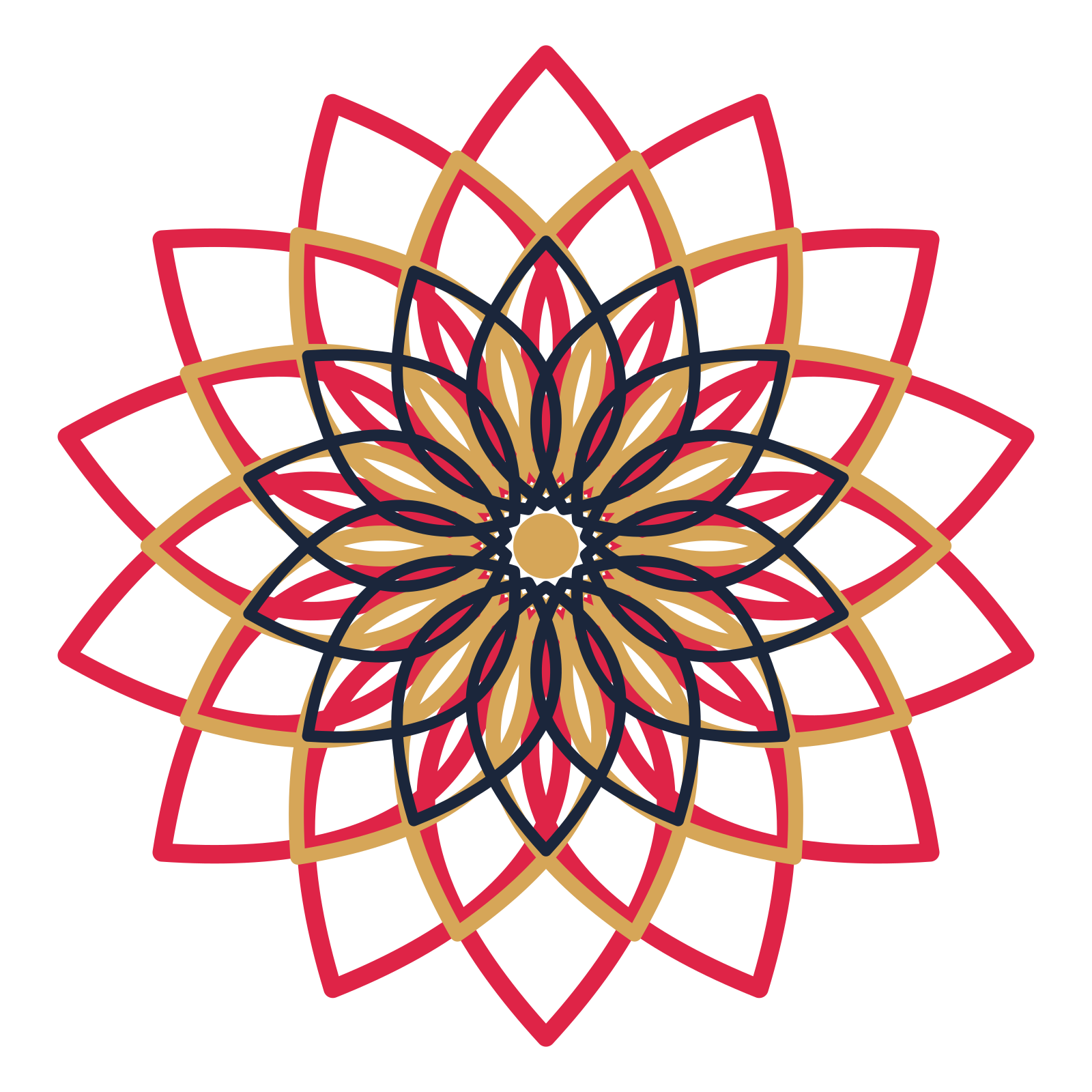 A layered lily rosette with 14-fold radial symmetry and 3 alternating rings of petals.