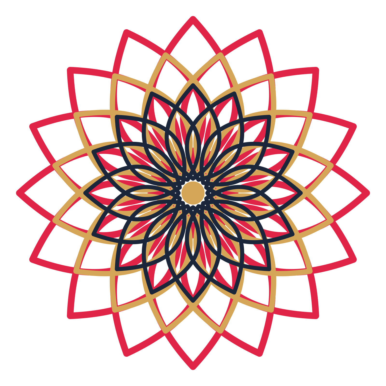 A layered lily rosette with 16-fold radial symmetry and 3 alternating rings of petals.