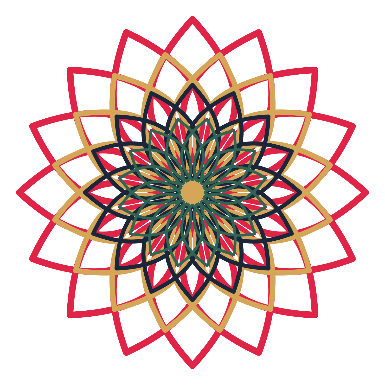 A layered lily rosette with 16-fold radial symmetry and 4 alternating rings of petals.
