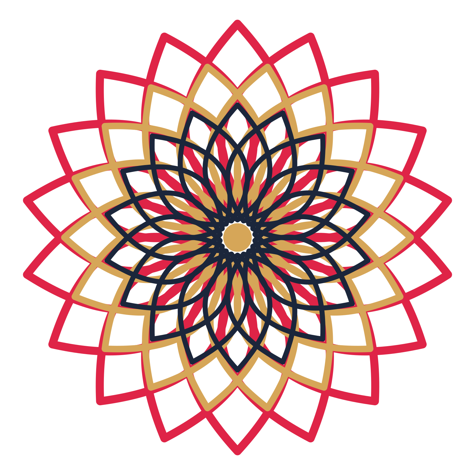 A layered lily rosette with 18-fold radial symmetry and 3 alternating rings of petals.