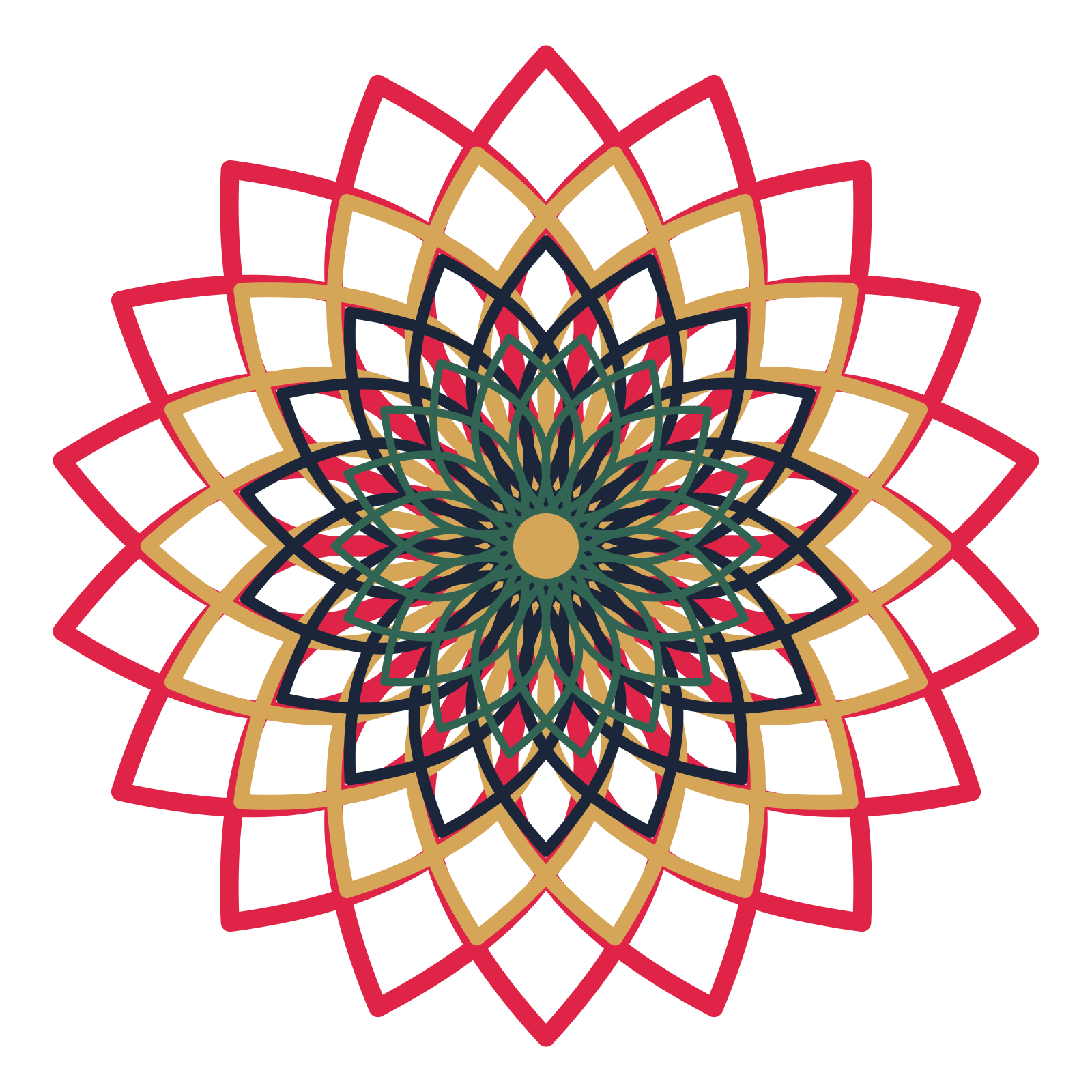 A layered lily rosette with 18-fold radial symmetry and 4 alternating rings of petals.