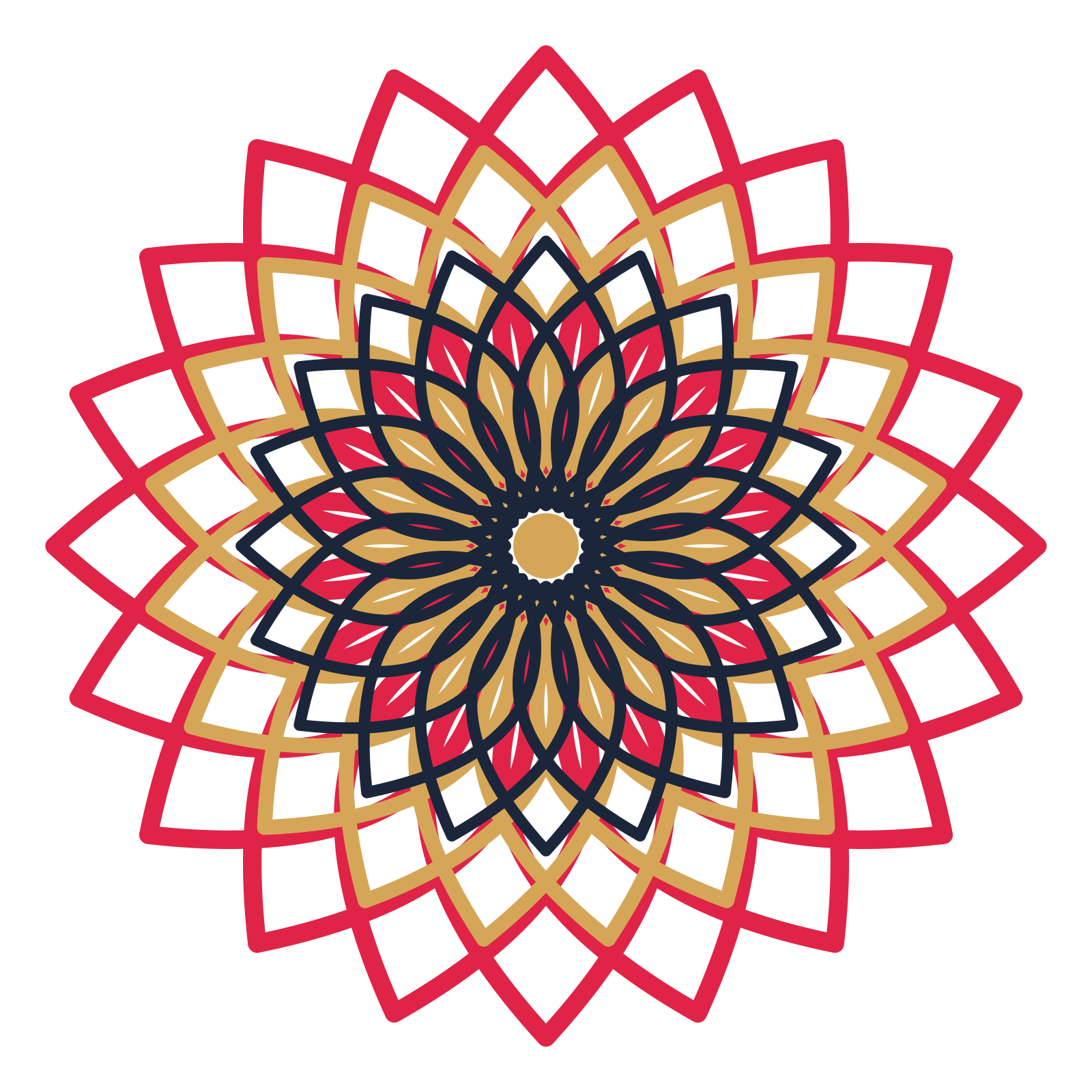 A layered lily rosette with 20-fold radial symmetry and 3 alternating rings of petals.