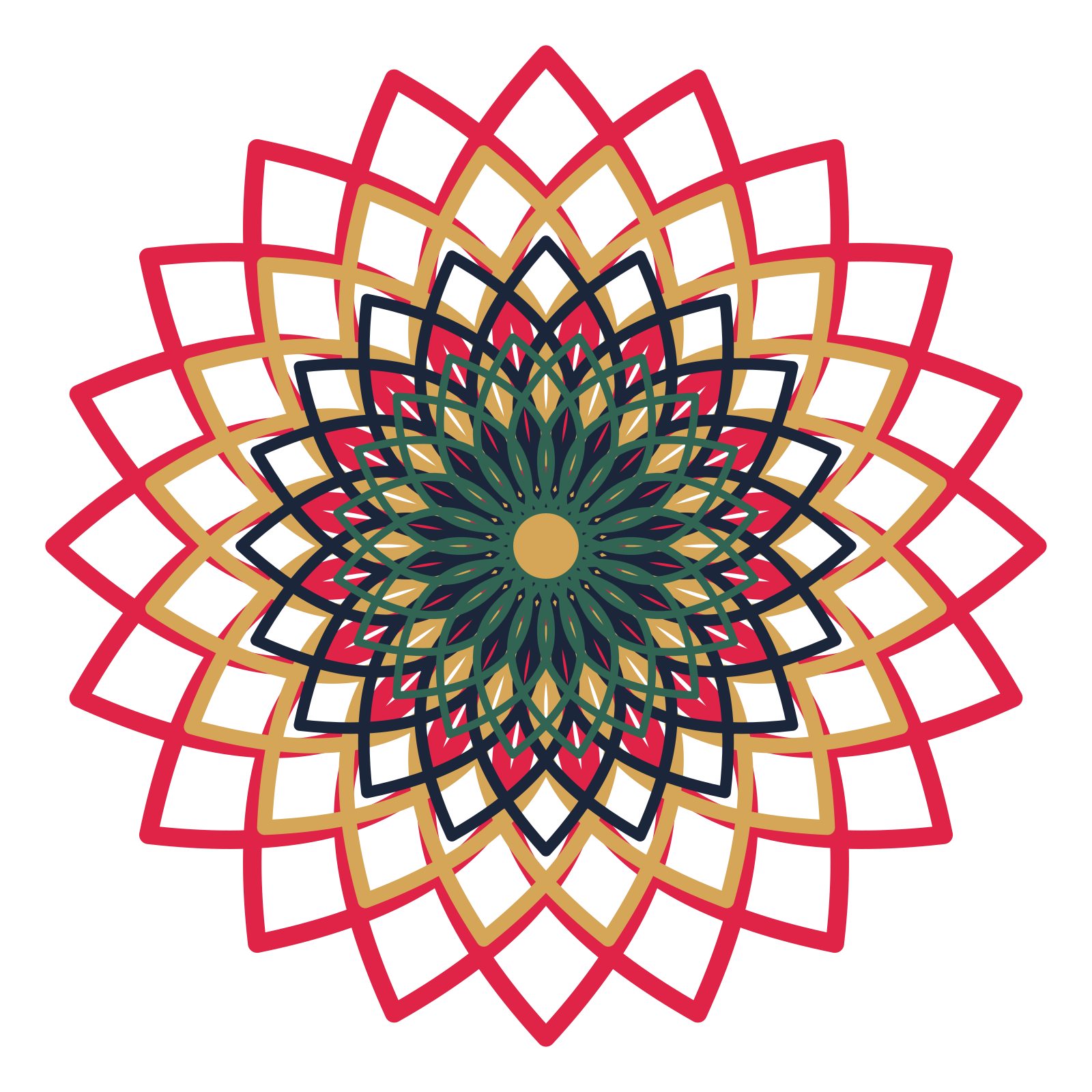 A layered lily rosette with 20-fold radial symmetry and 4 alternating rings of petals.