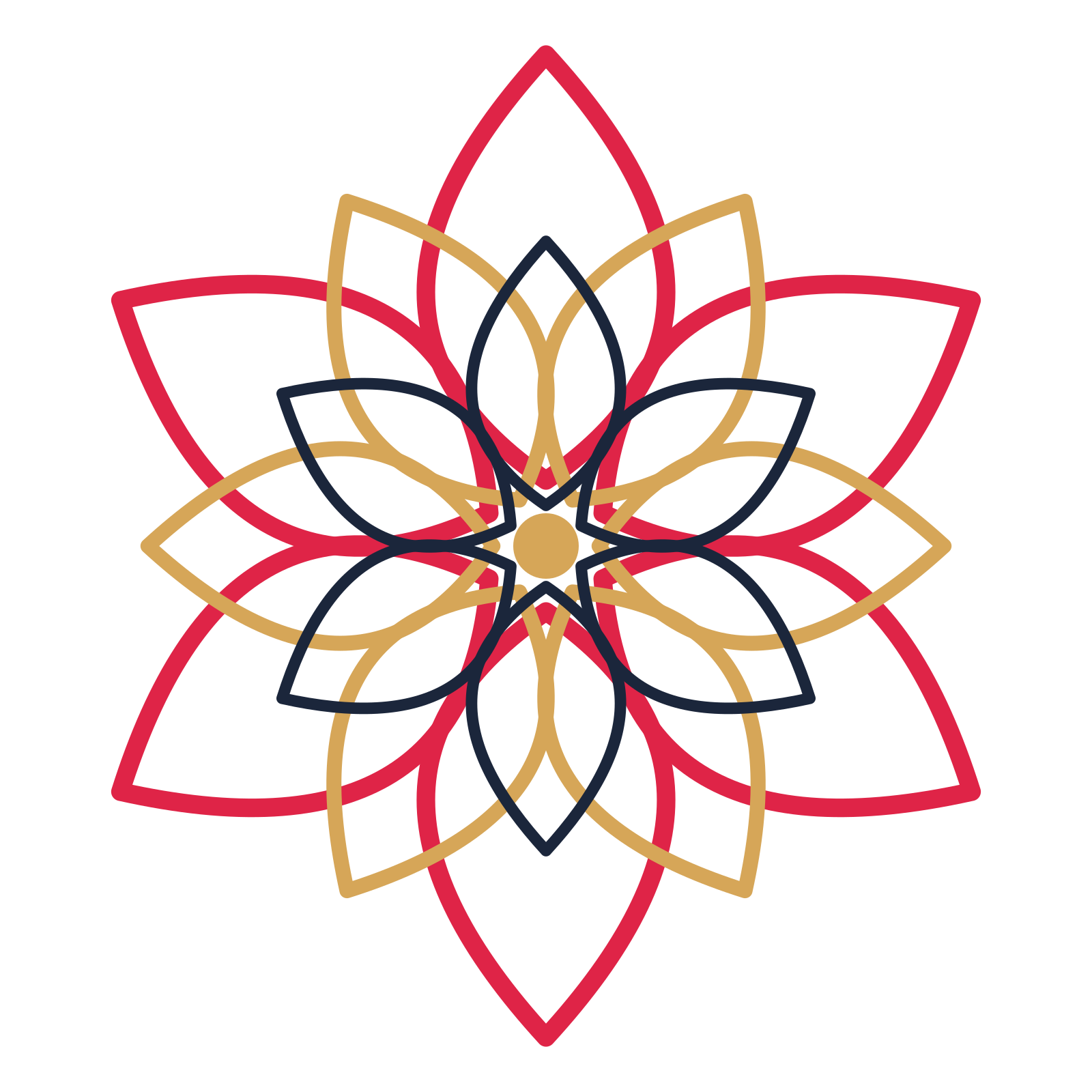 A layered lily rosette with 6-fold radial symmetry and 3 alternating rings of petals.