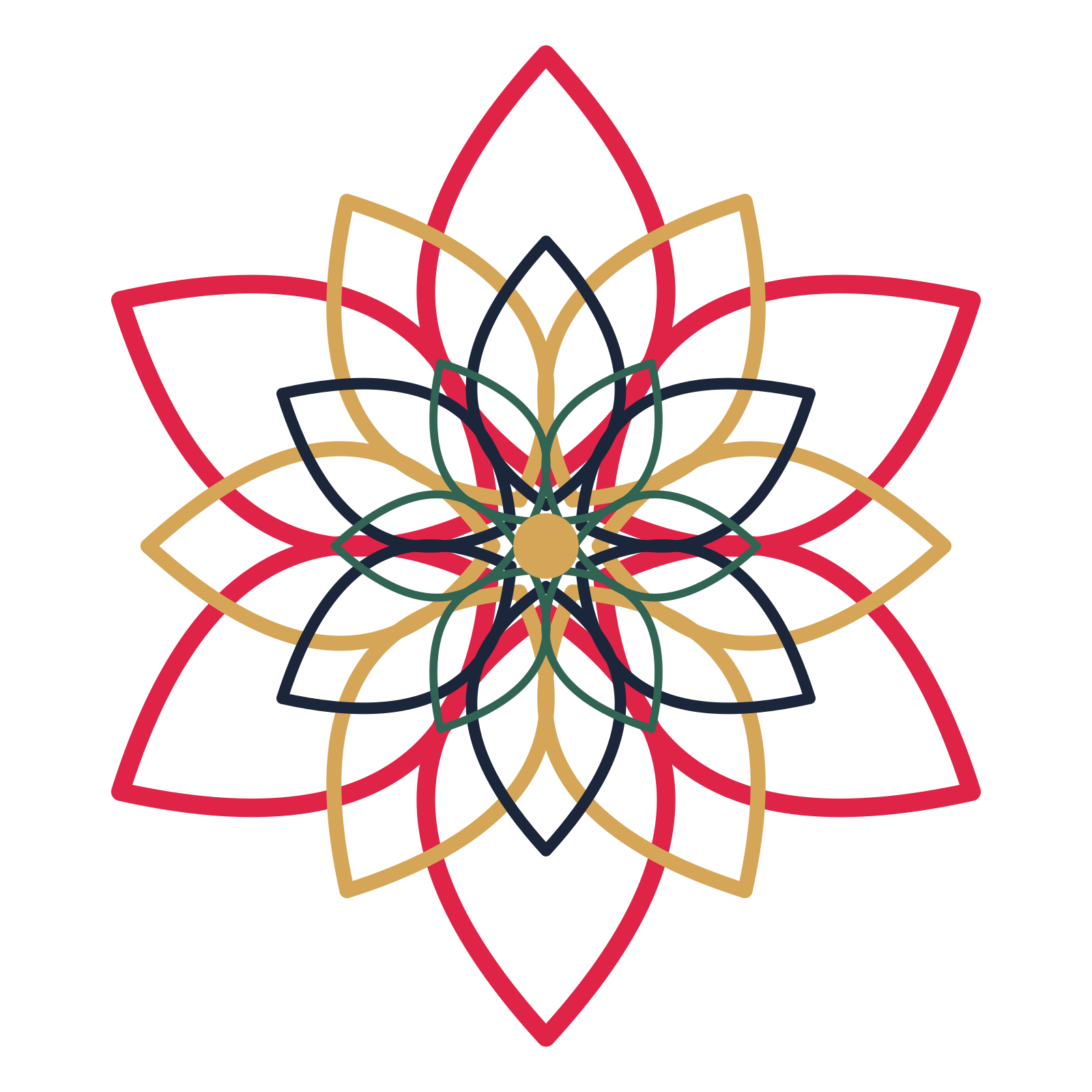 A layered lily rosette with 6-fold radial symmetry and 4 alternating rings of petals.