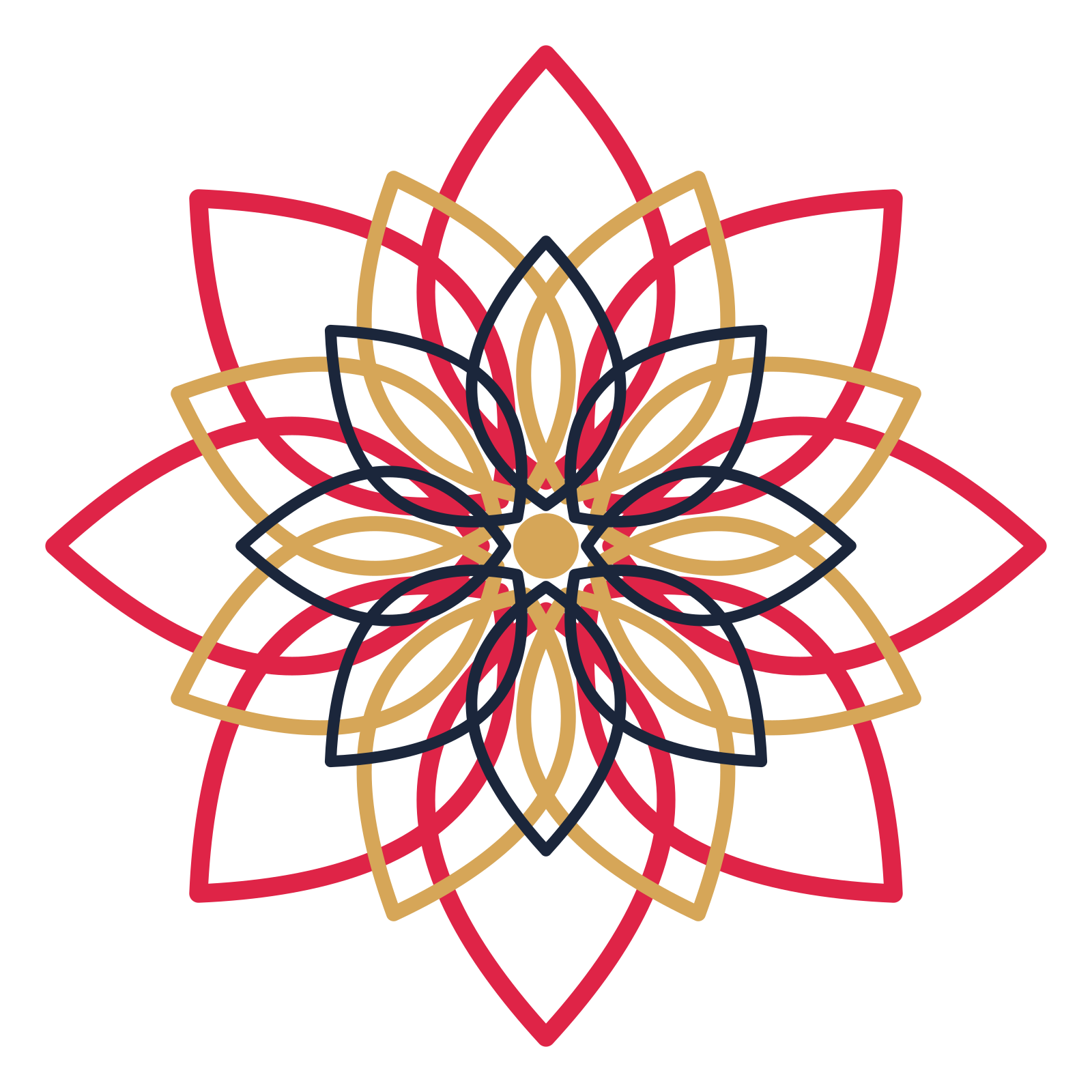 A layered lily rosette with 8-fold radial symmetry and 3 alternating rings of petals.