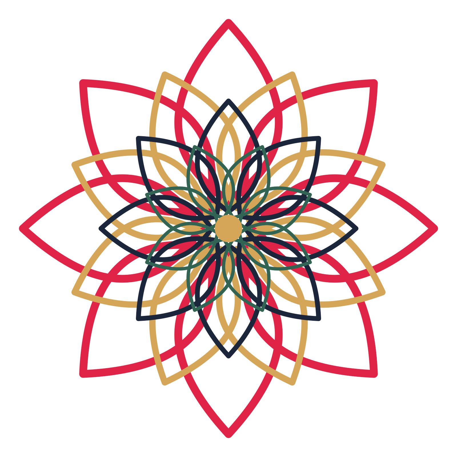 A layered lily rosette with 8-fold radial symmetry and 4 alternating rings of petals.