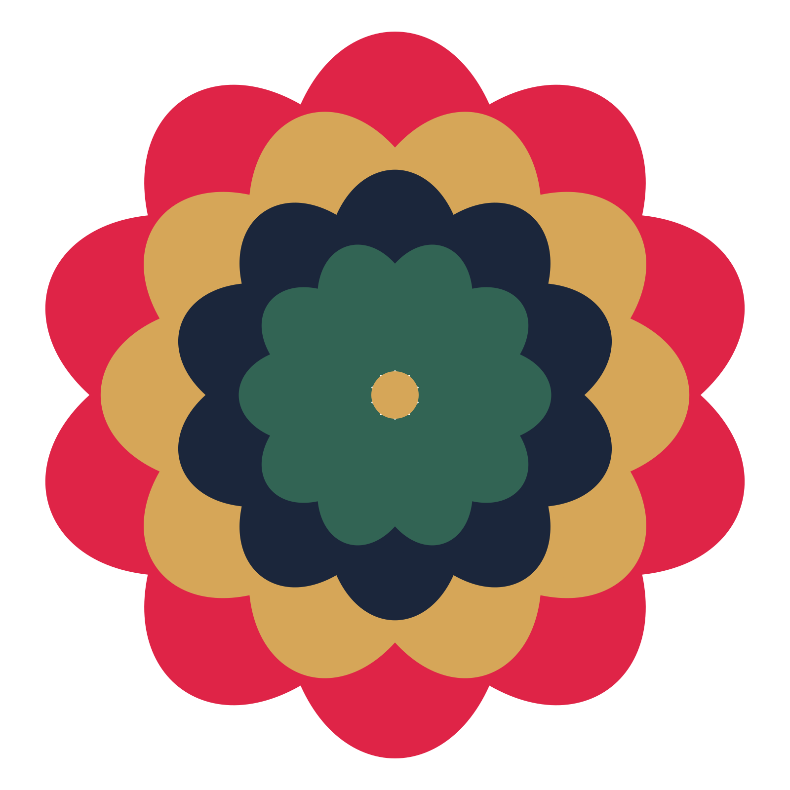 A layered lobed rosette with 10-fold radial symmetry and 4 alternating rings of petals.