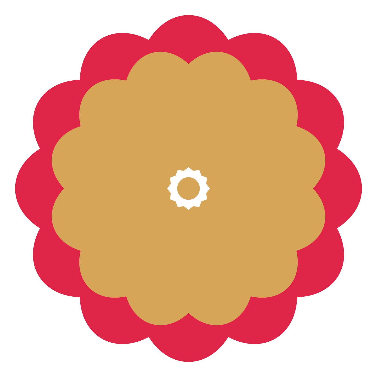 A layered lobed rosette with 12-fold radial symmetry and 2 alternating rings of petals.