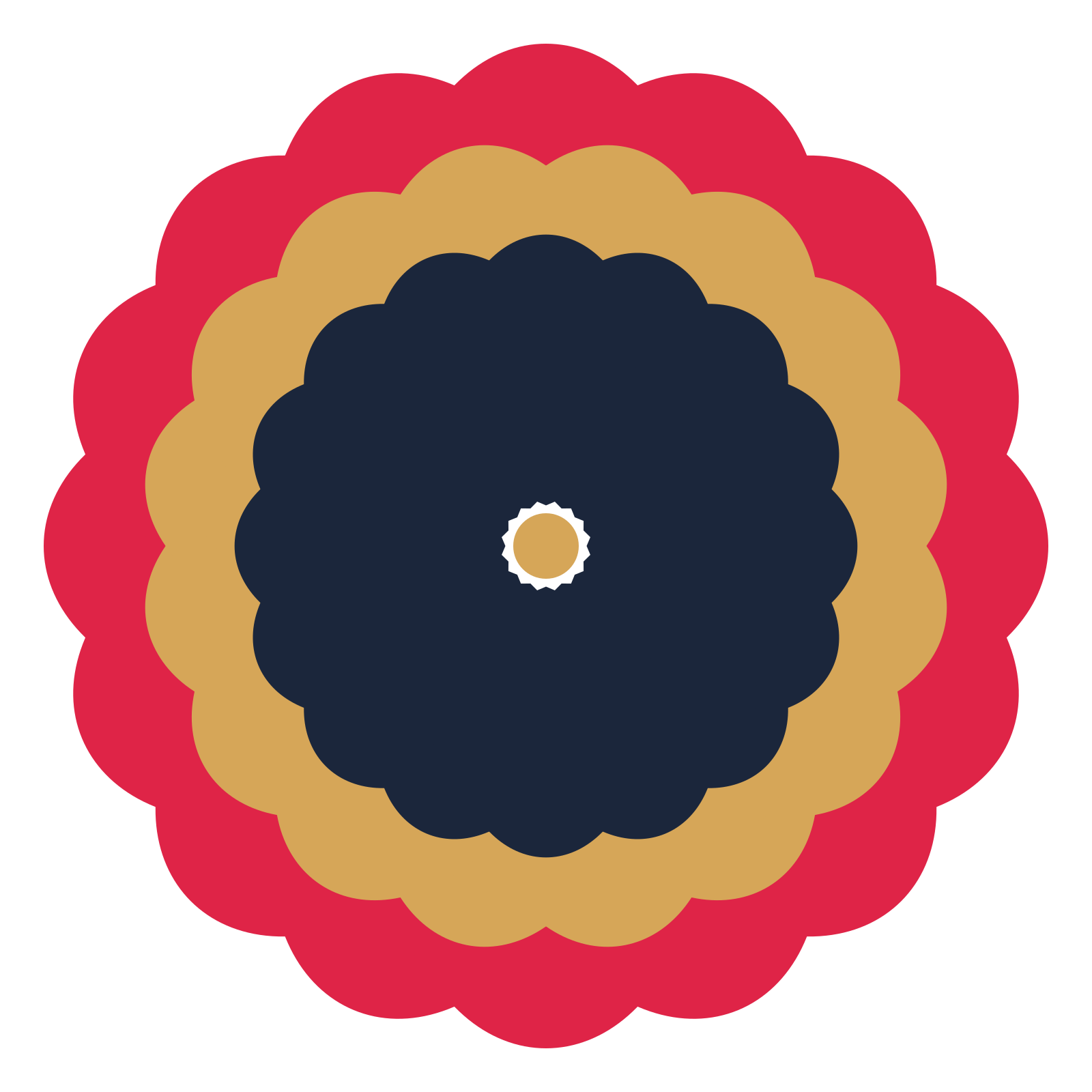 A layered lobed rosette with 16-fold radial symmetry and 3 alternating rings of petals.