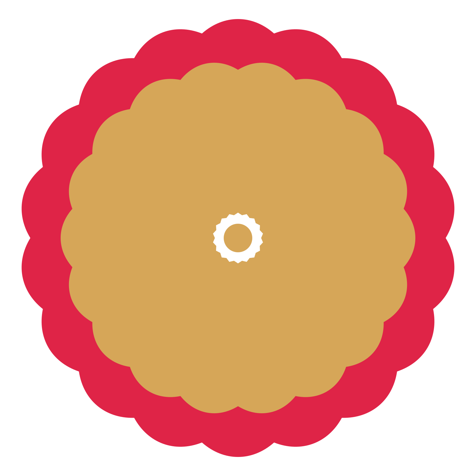 A layered lobed rosette with 18-fold radial symmetry and 2 alternating rings of petals.