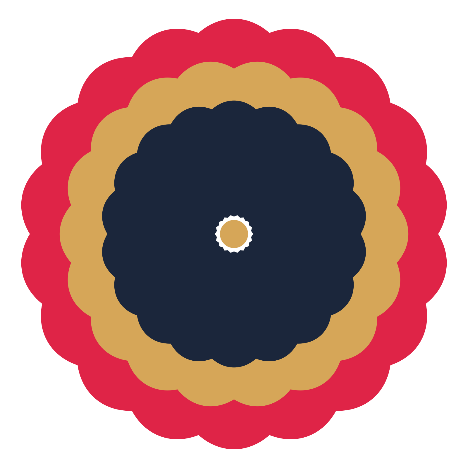 A layered lobed rosette with 18-fold radial symmetry and 3 alternating rings of petals.