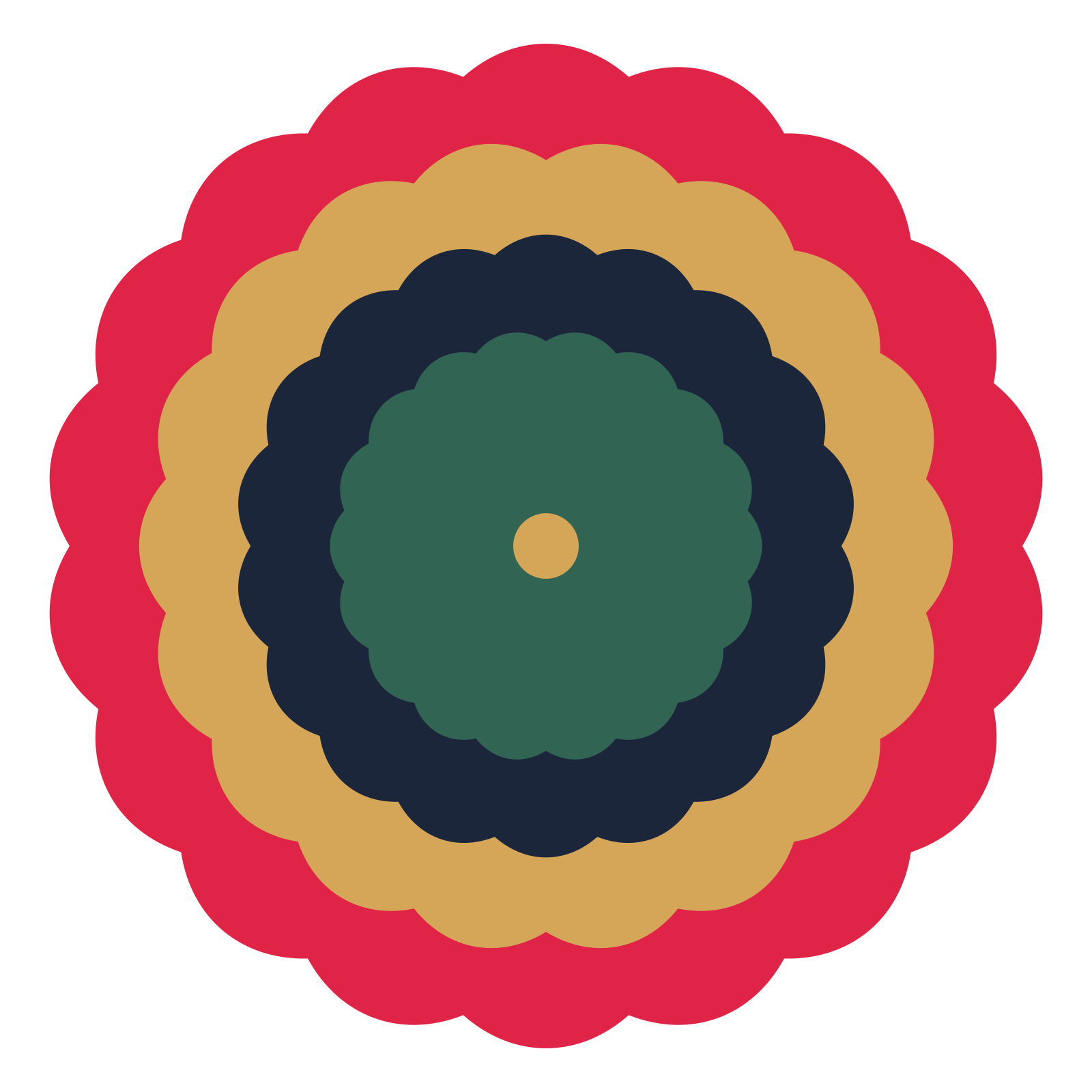 A layered lobed rosette with 18-fold radial symmetry and 4 alternating rings of petals.