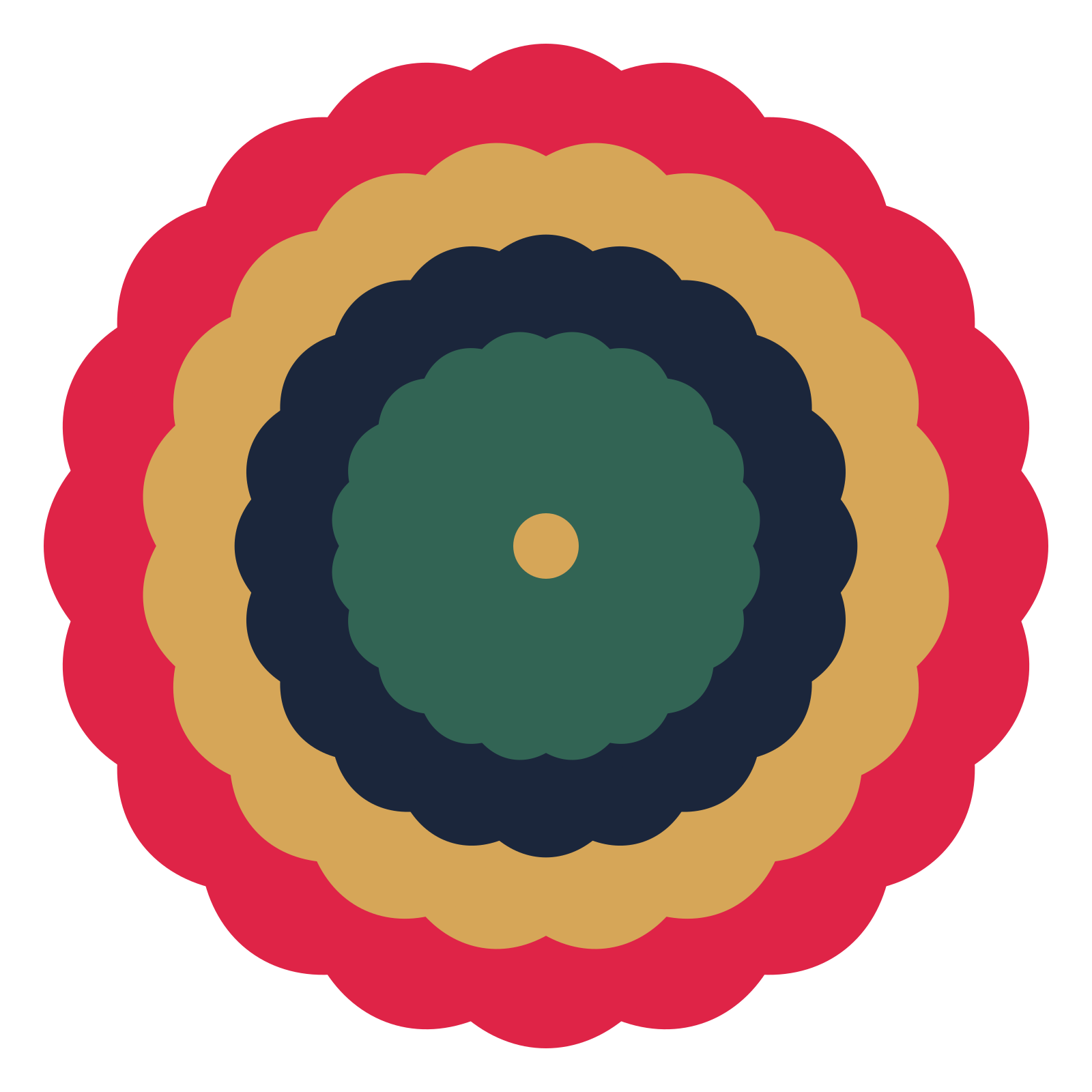 A layered lobed rosette with 20-fold radial symmetry and 4 alternating rings of petals.