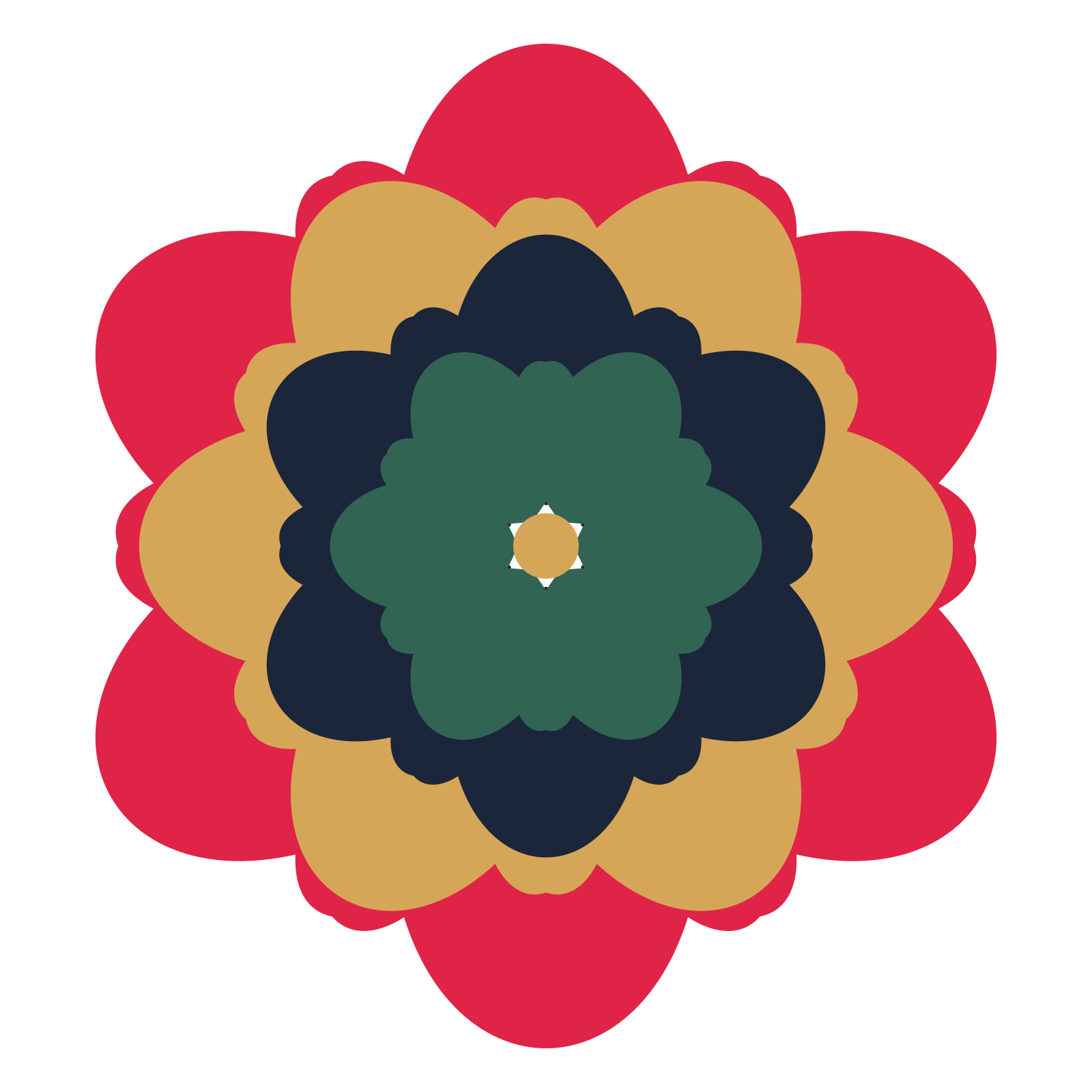 A layered lobed rosette with 6-fold radial symmetry and 4 alternating rings of petals.