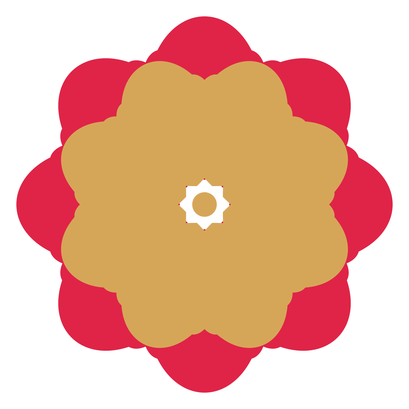 A layered lobed rosette with 8-fold radial symmetry and 2 alternating rings of petals.
