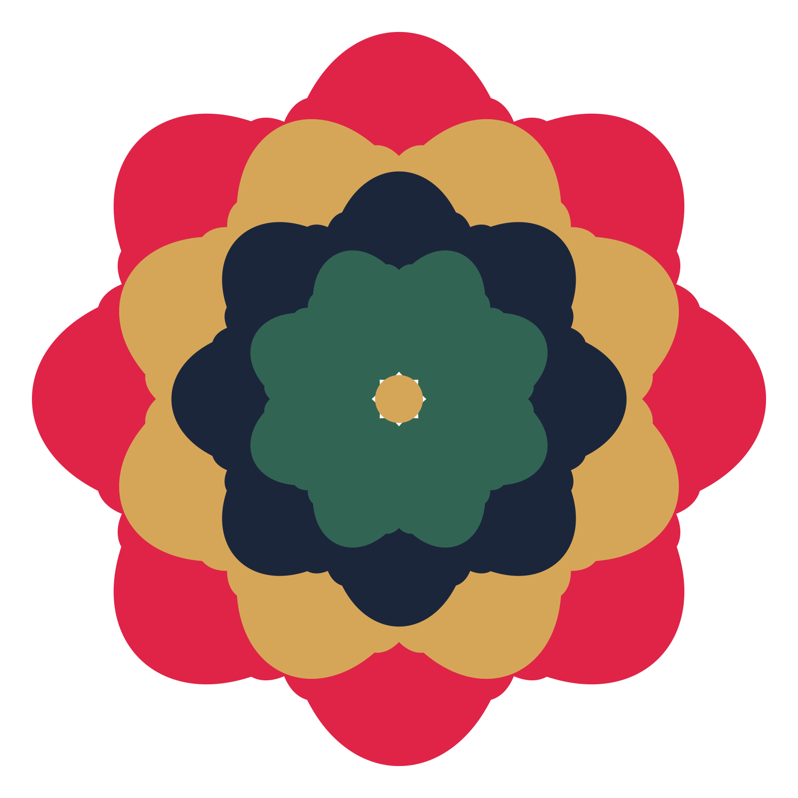 A layered lobed rosette with 8-fold radial symmetry and 4 alternating rings of petals.