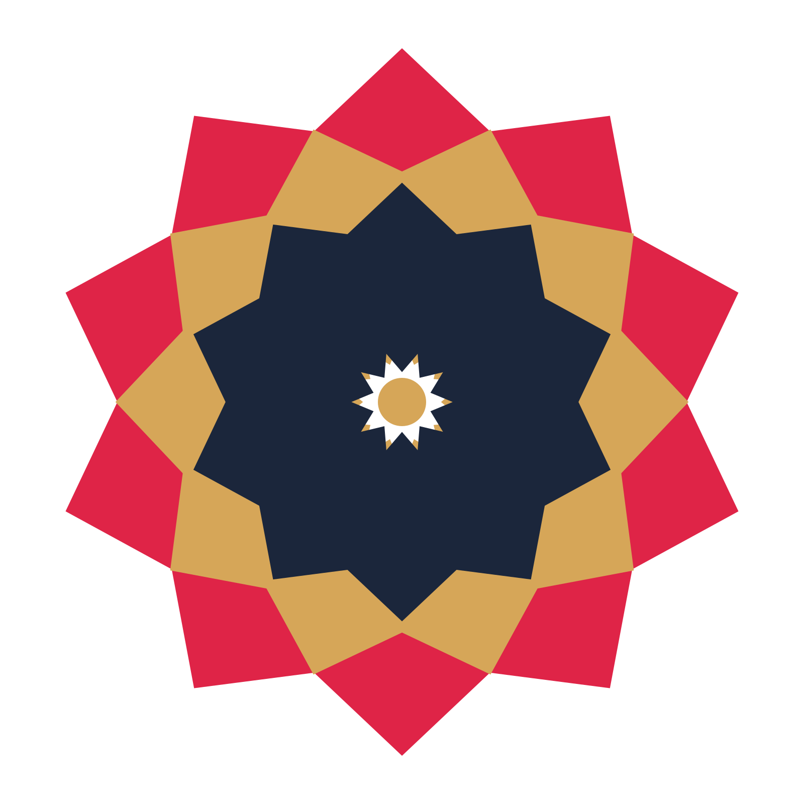 A layered pointed rosette with 10-fold radial symmetry and 3 alternating rings of petals.