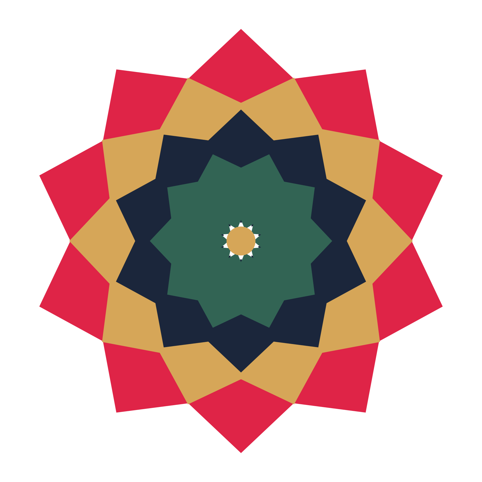 A layered pointed rosette with 10-fold radial symmetry and 4 alternating rings of petals.
