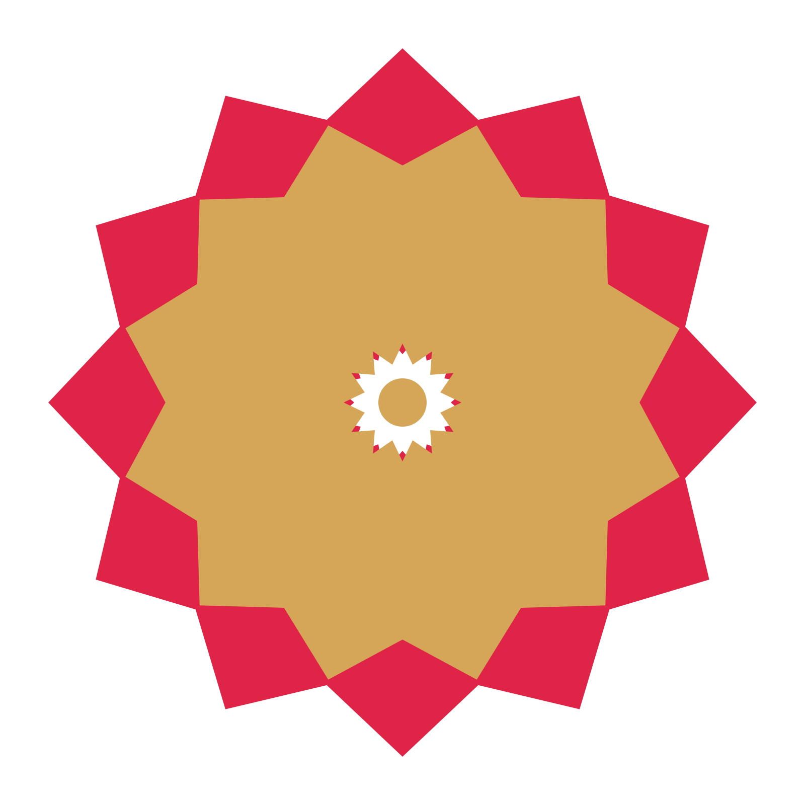 A layered pointed rosette with 12-fold radial symmetry and 2 alternating rings of petals.