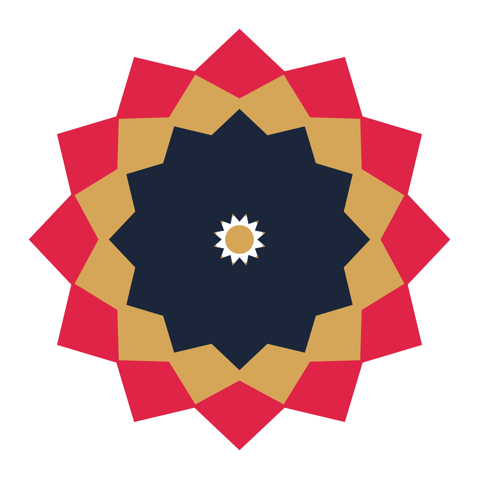 A layered pointed rosette with 12-fold radial symmetry and 3 alternating rings of petals.