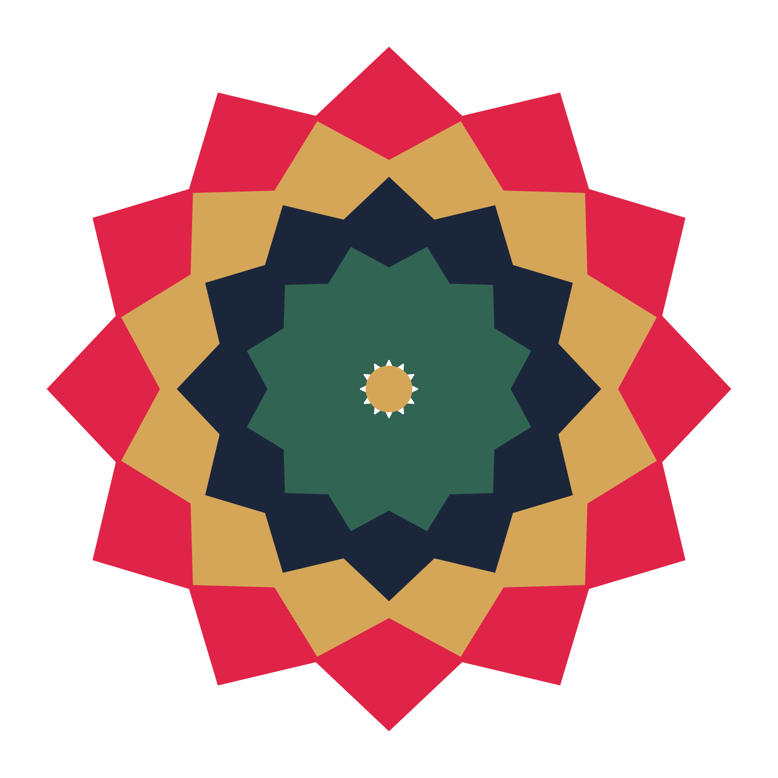 A layered pointed rosette with 12-fold radial symmetry and 4 alternating rings of petals.