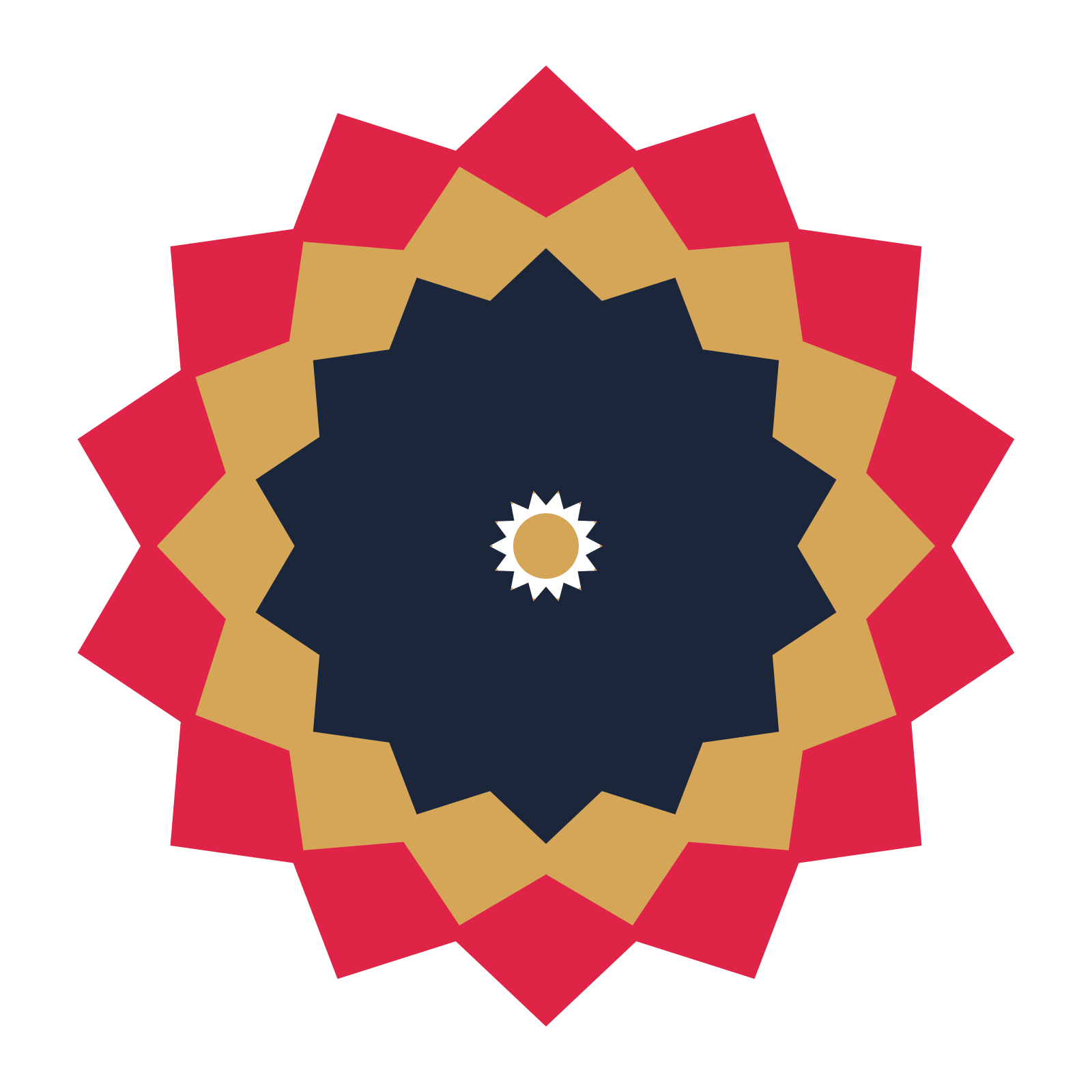 A layered pointed rosette with 14-fold radial symmetry and 3 alternating rings of petals.