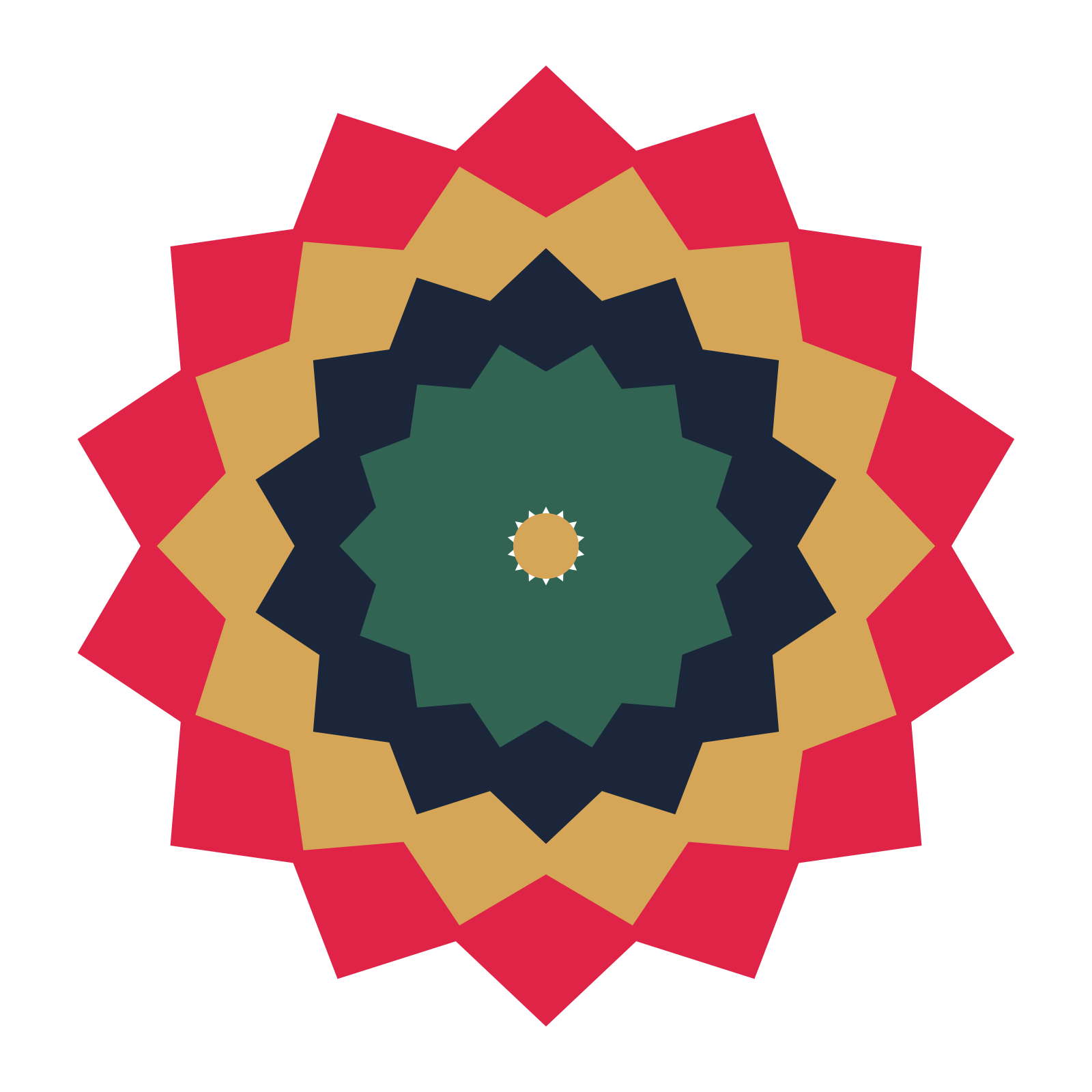 A layered pointed rosette with 14-fold radial symmetry and 4 alternating rings of petals.
