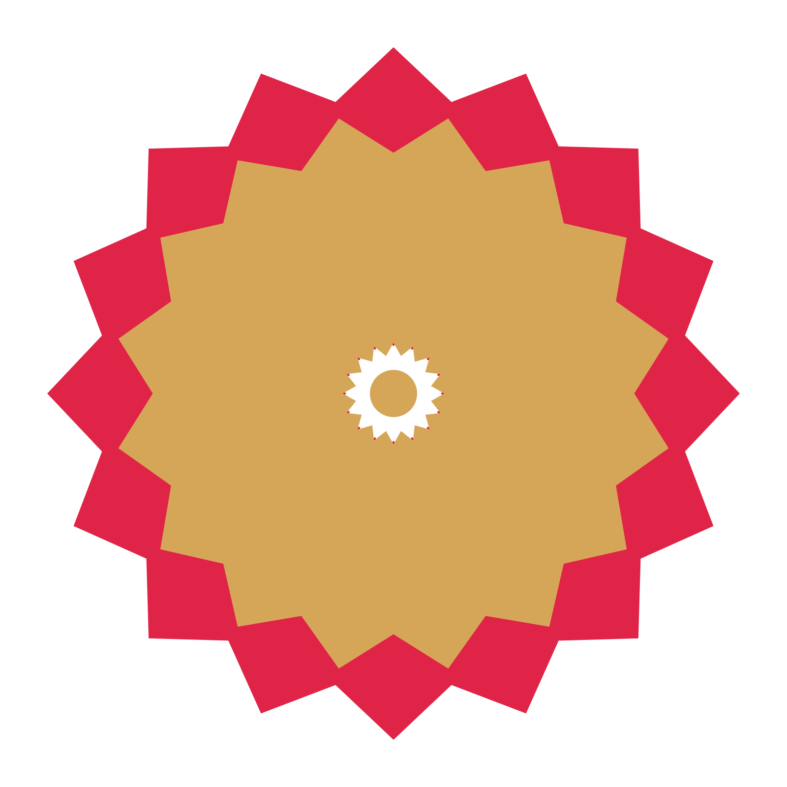 A layered pointed rosette with 16-fold radial symmetry and 2 alternating rings of petals.