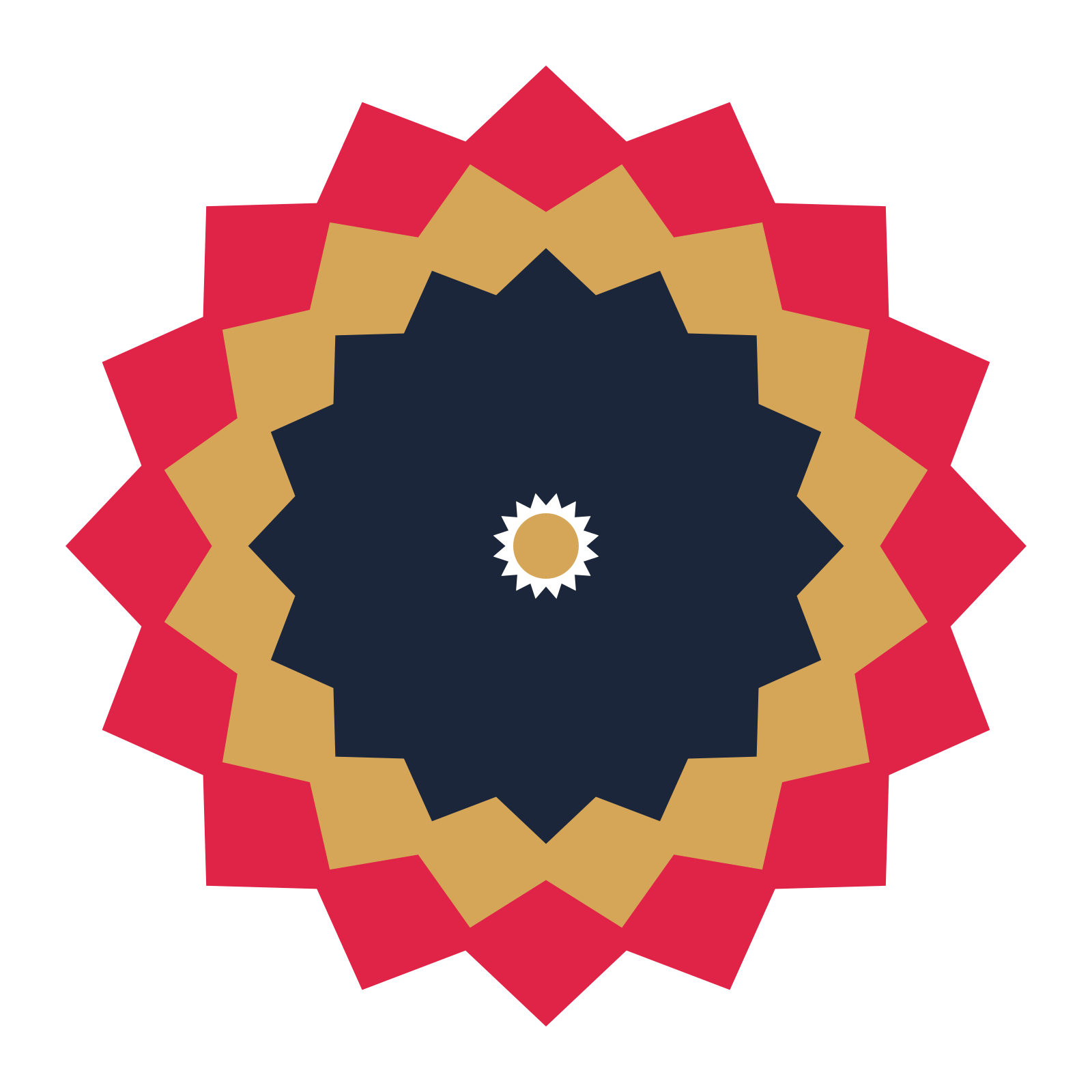 A layered pointed rosette with 16-fold radial symmetry and 3 alternating rings of petals.
