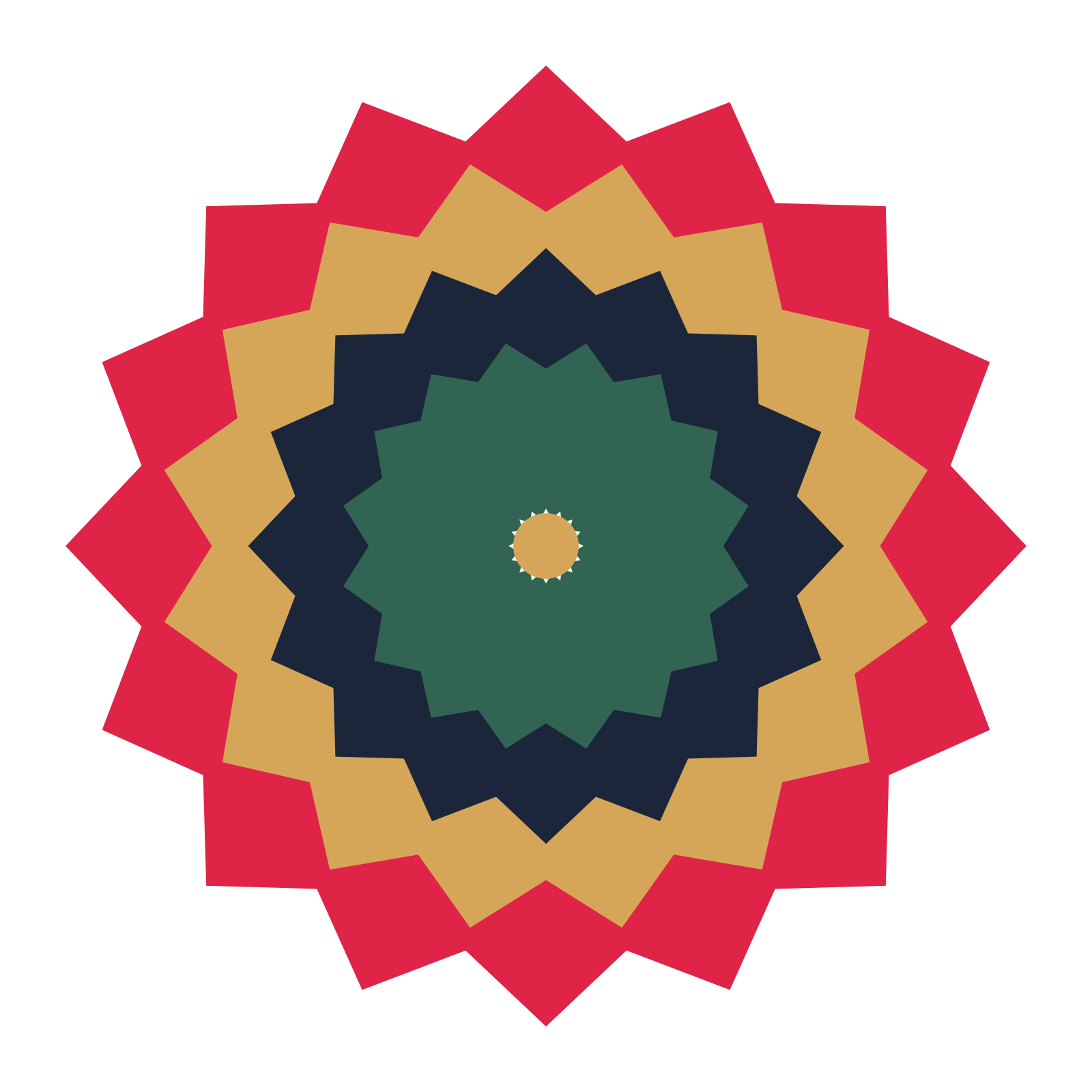 A layered pointed rosette with 16-fold radial symmetry and 4 alternating rings of petals.