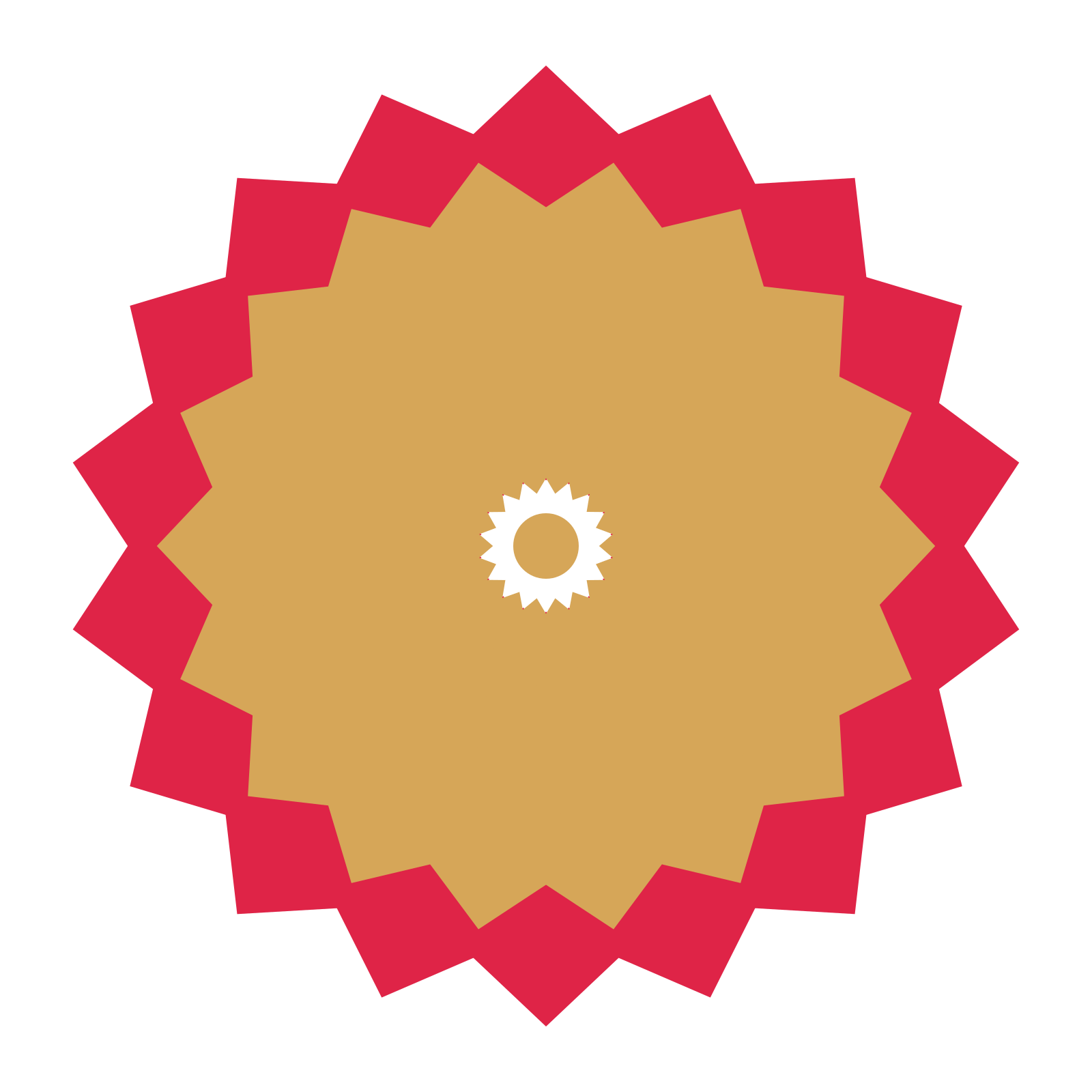 A layered pointed rosette with 18-fold radial symmetry and 2 alternating rings of petals.