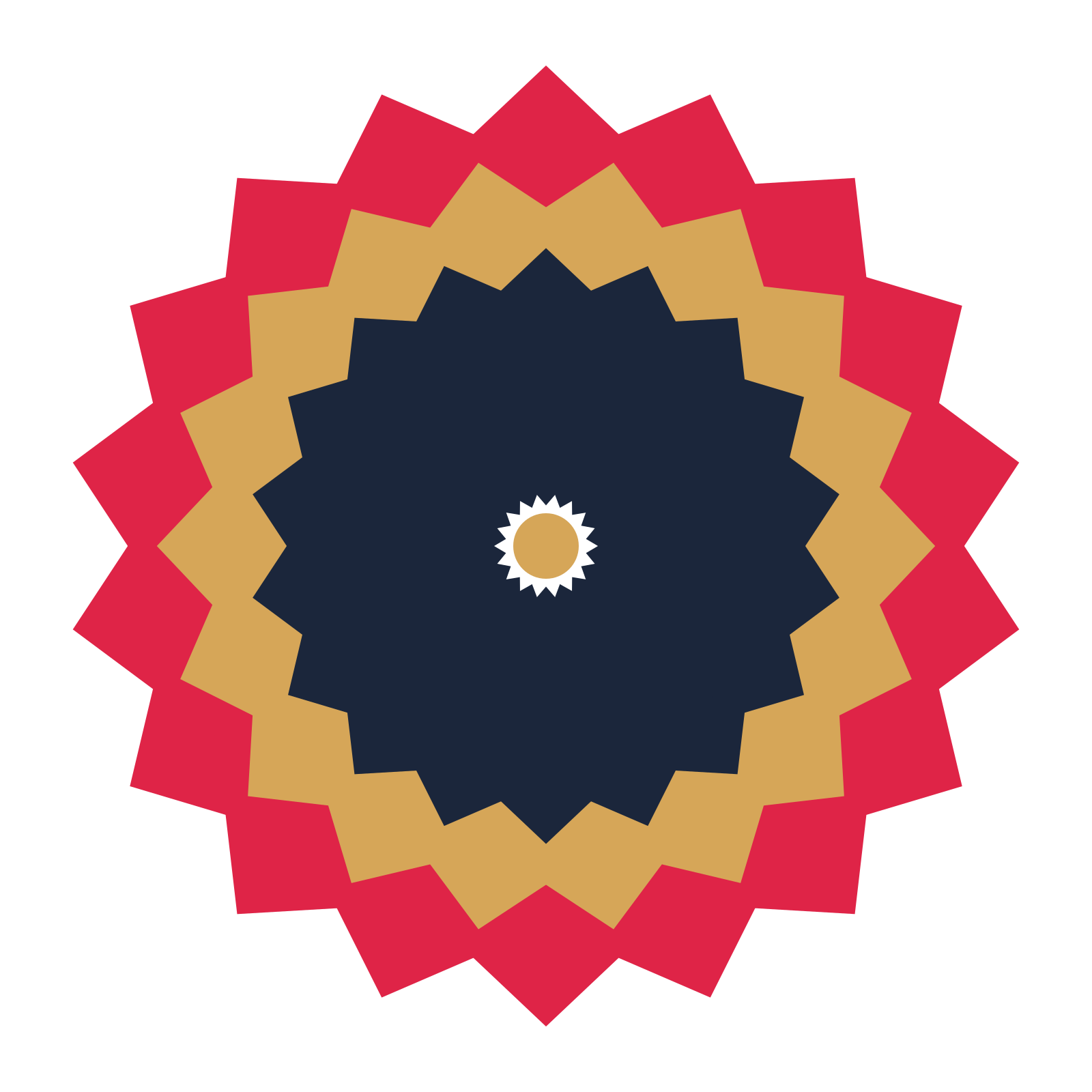 A layered pointed rosette with 18-fold radial symmetry and 3 alternating rings of petals.