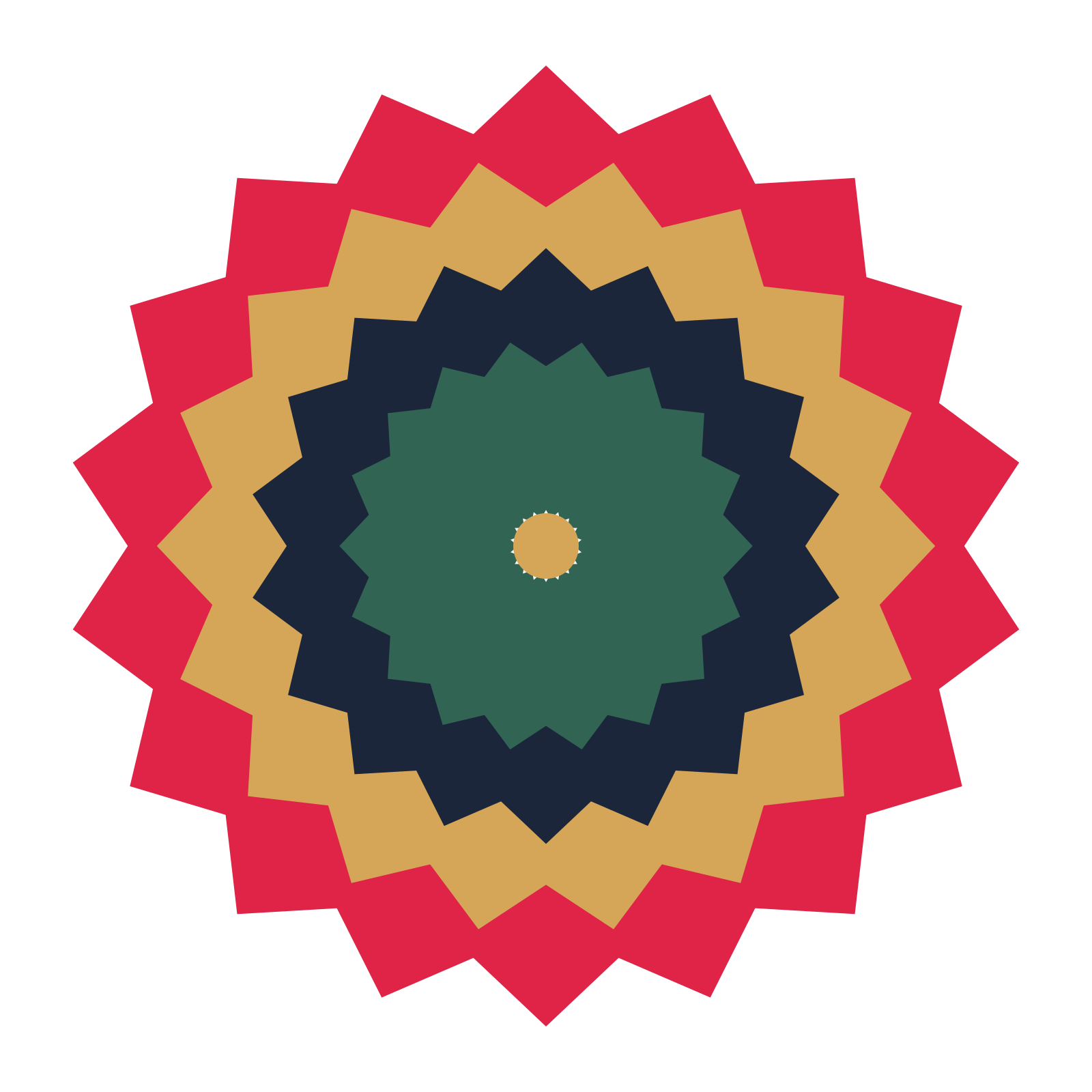 A layered pointed rosette with 18-fold radial symmetry and 4 alternating rings of petals.