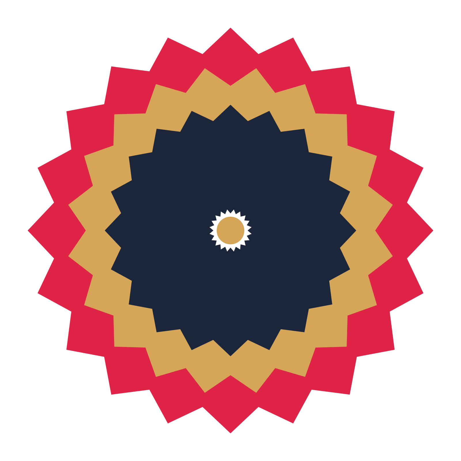A layered pointed rosette with 20-fold radial symmetry and 3 alternating rings of petals.