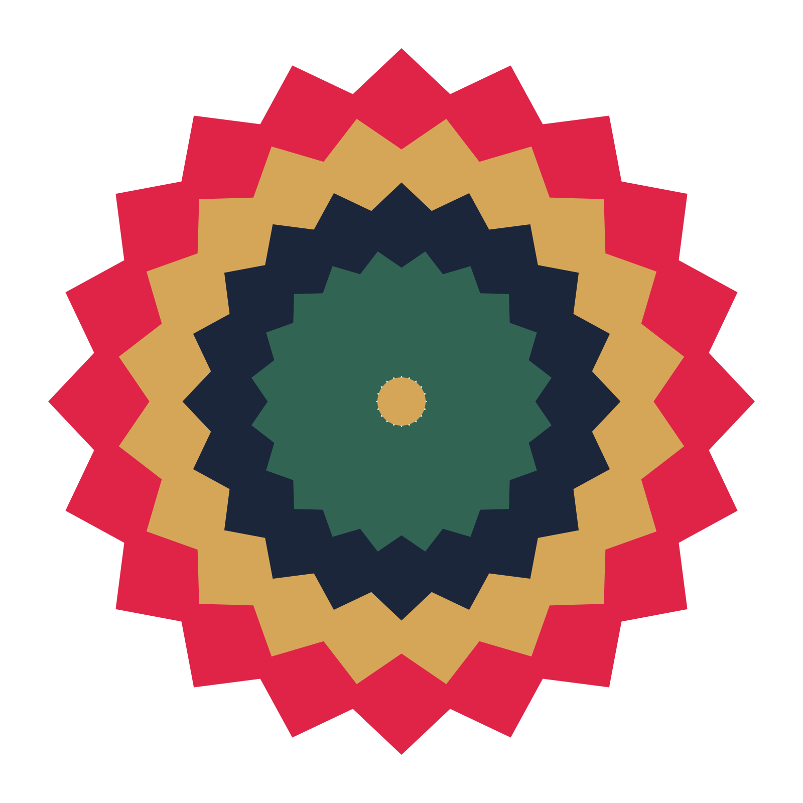 A layered pointed rosette with 20-fold radial symmetry and 4 alternating rings of petals.