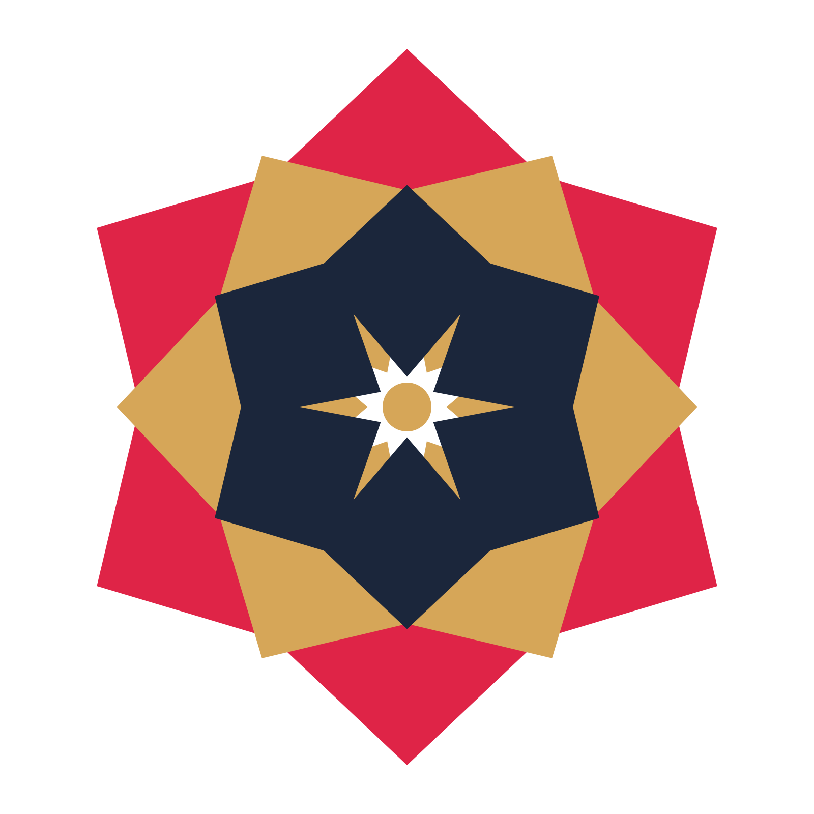 A layered pointed rosette with 6-fold radial symmetry and 3 alternating rings of petals.